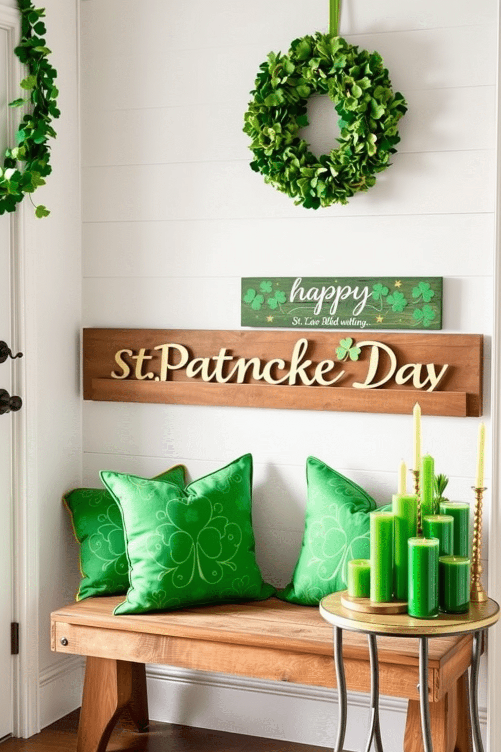 A cozy entryway adorned for St. Patrick's Day features vibrant green pillows with festive shamrock patterns, adding a playful touch to the space. The pillows are arranged on a rustic wooden bench, complemented by a cheerful garland of green and gold hanging above. To enhance the festive atmosphere, the entryway is decorated with a welcoming wreath made of faux clovers and a cheerful 