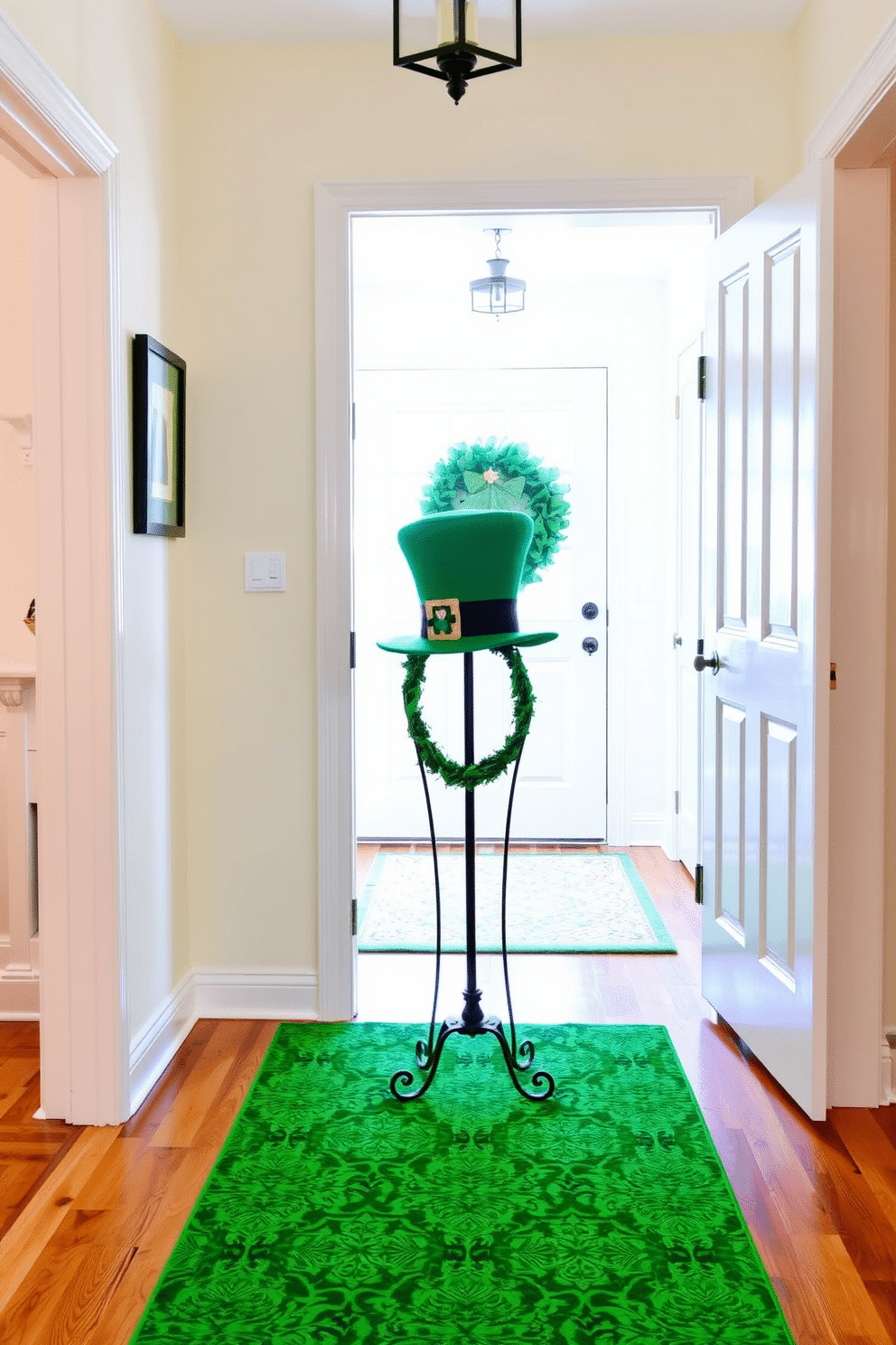 A charming entryway adorned for St. Patrick's Day features a whimsical leprechaun hat perched on a stylish hat stand. The walls are painted a soft cream, while a vibrant green runner adds a festive touch to the hardwood floor.