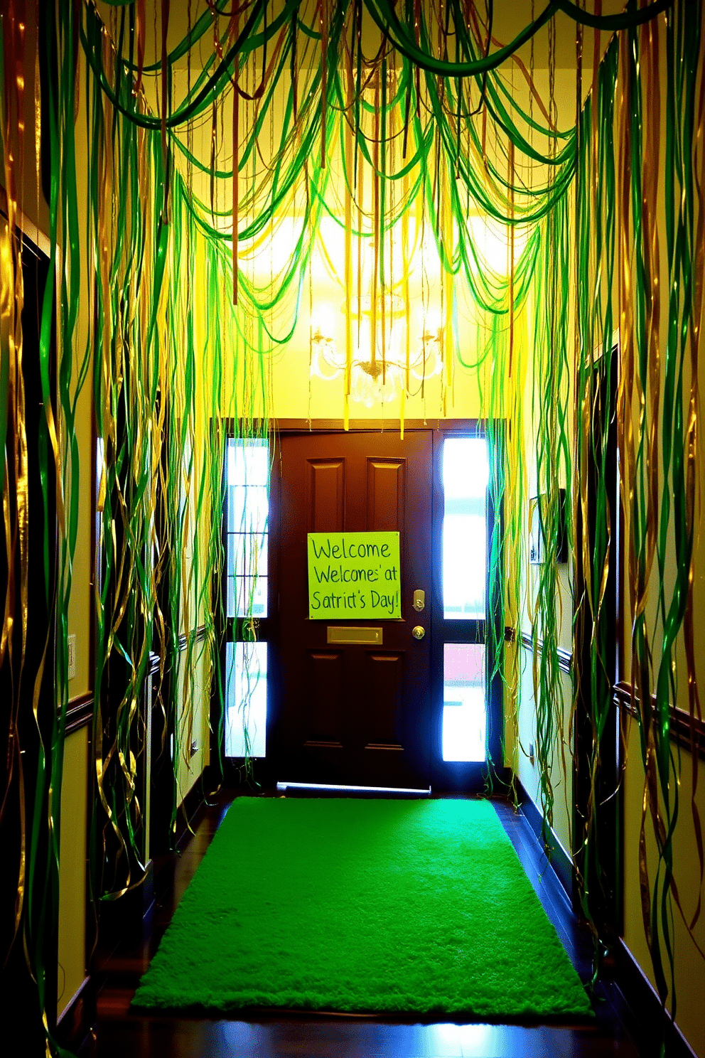 A vibrant entryway adorned with green and gold streamers cascading from the ceiling, creating a festive atmosphere for St. Patrick's Day. The floor is covered with a rich green rug, and a cheerful welcome sign hangs on the door, inviting guests to celebrate the occasion.