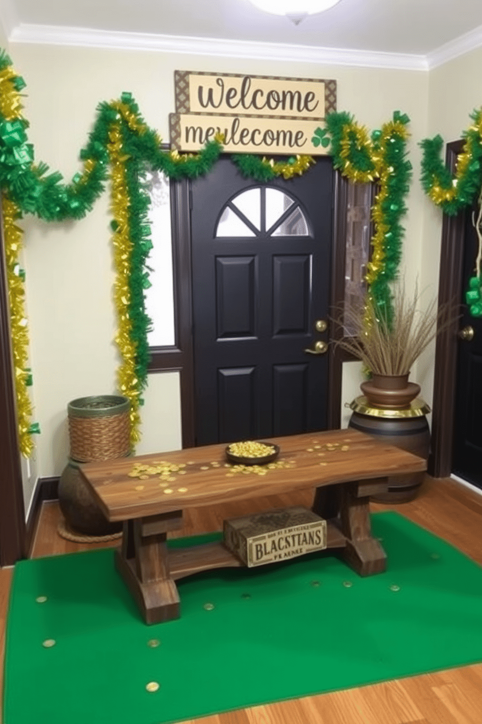 A festive entryway adorned for St. Patrick's Day, featuring a rustic wooden table with gold coins scattered across its surface. The walls are decorated with green and gold garlands, and a cheerful welcome sign hangs above the table, inviting guests into the celebration.