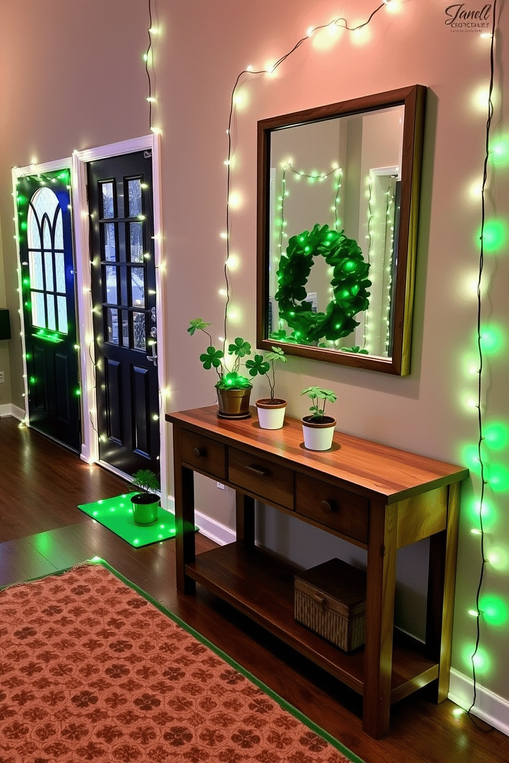 A charming entryway adorned with shamrock string lights creates a festive atmosphere for St. Patrick's Day. The lights are draped elegantly along the walls, casting a warm glow that welcomes guests into the home. A rustic wooden console table sits against the wall, decorated with a vibrant green runner and a collection of small potted shamrocks. Above the table, a large mirror reflects the twinkling lights, enhancing the cheerful ambiance of the space.