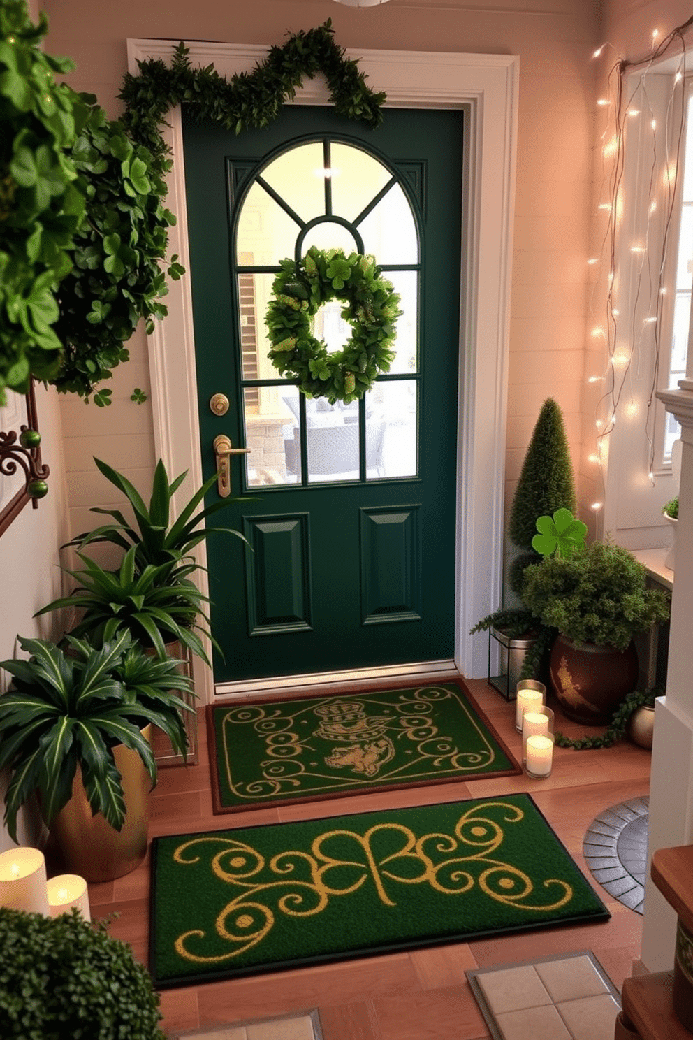 A welcoming entryway features a vibrant green and gold doormat that sets the tone for the festive St. Patrick's Day theme. Surrounding the entrance, lush greenery and gold accents enhance the space, while playful decorations like shamrocks and twinkling lights create a cheerful atmosphere.