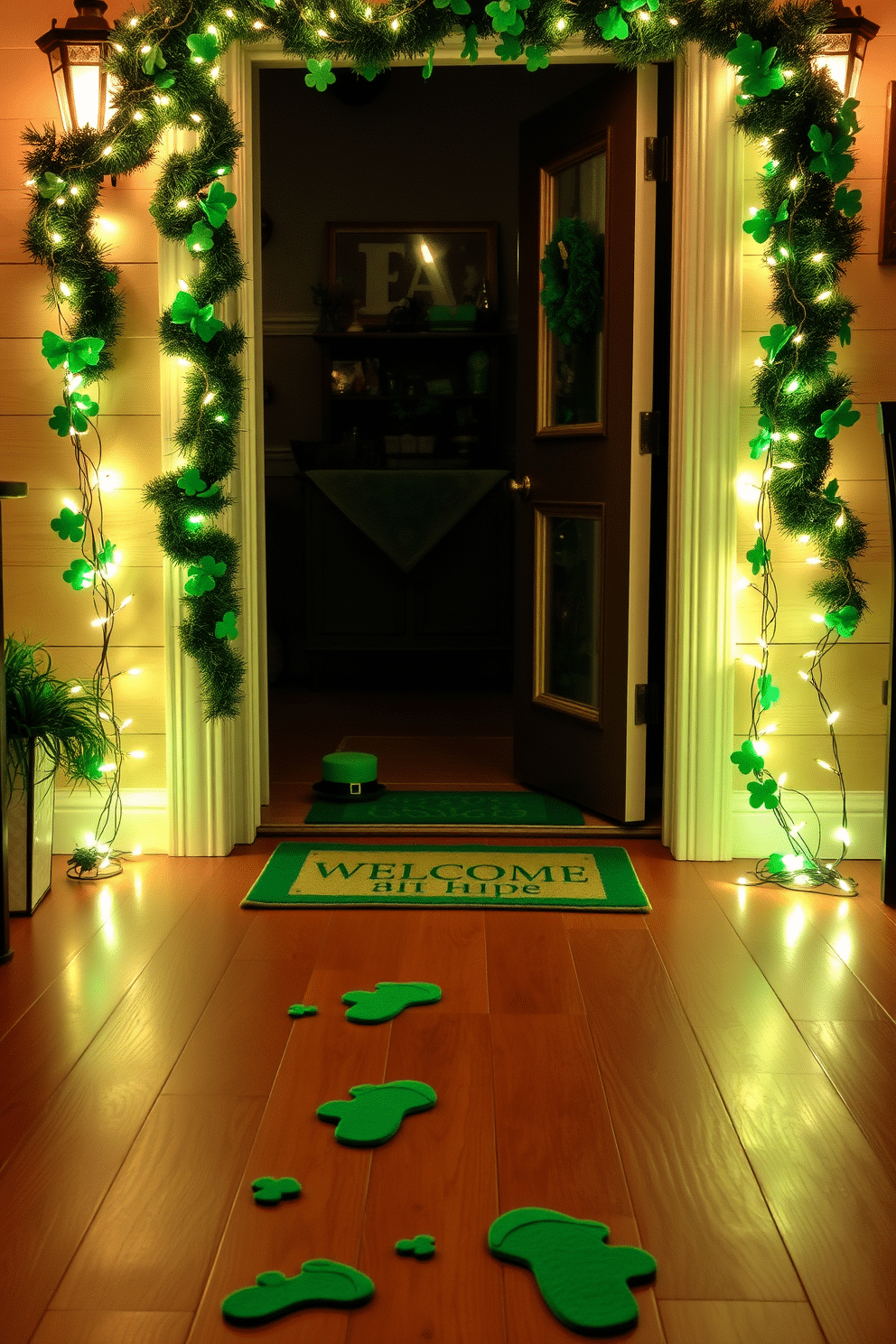 Leprechaun footprints trail across a warm wooden floor, leading into a cozy entryway adorned with festive St. Patrick's Day decorations. A cheerful green welcome mat sits at the door, while garlands of shamrocks and twinkling fairy lights frame the entrance, inviting guests into a whimsical celebration.