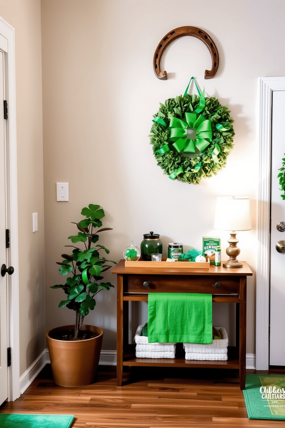 A charming entryway adorned with a horseshoe wall hanging, symbolizing good luck and rustic charm. The horseshoe is elegantly mounted above a small wooden console table, which is decorated with a vibrant green runner and a collection of St. Patrick's Day-themed decor items. To the left of the console, a tall potted shamrock plant adds a touch of greenery, while a festive wreath made of green ribbons and faux clovers hangs on the door. Soft lighting from a nearby lamp casts a warm glow, creating an inviting atmosphere perfect for celebrating the holiday.