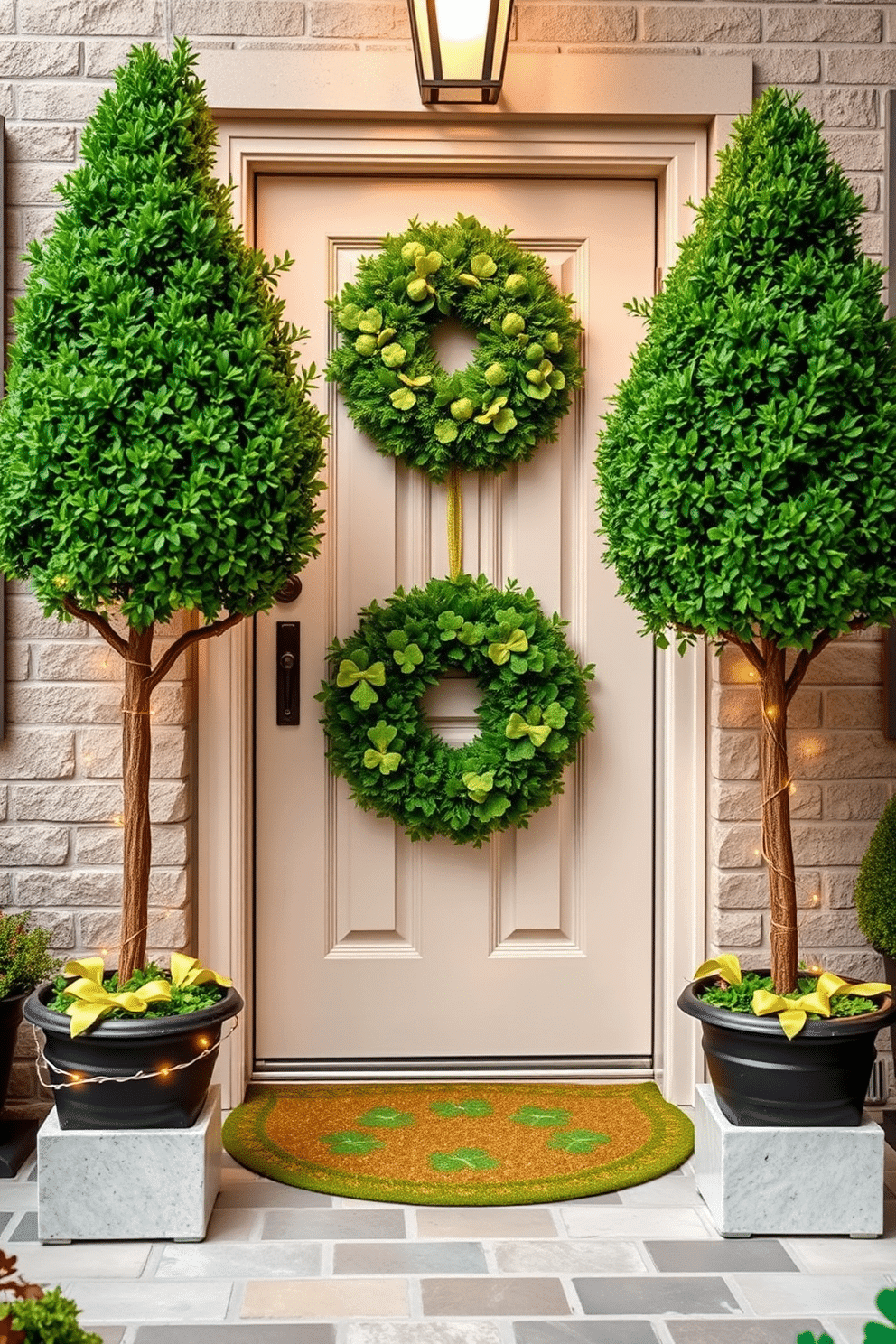 A charming entryway adorned with lush green topiary trees flanking the entrance. The trees are elegantly shaped, adding a touch of nature and sophistication to the space. For St. Patrick's Day, the entryway features festive decorations, including a vibrant green wreath on the door. Accents of gold and white, such as shamrock motifs and twinkling fairy lights, create a warm and inviting atmosphere.