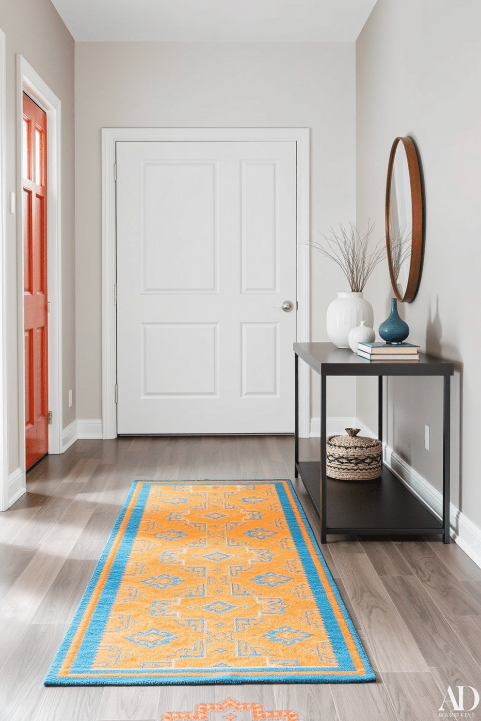 A vibrant runner rug in shades of blue and orange stretches across the entryway, adding a pop of color and warmth to the space. The rug features intricate geometric patterns that draw the eye and create a welcoming atmosphere. To complement the runner, an entryway table with a sleek, modern design stands against the wall. This table is adorned with decorative items such as a minimalist vase and a stylish lamp, enhancing the overall aesthetic of the entryway.