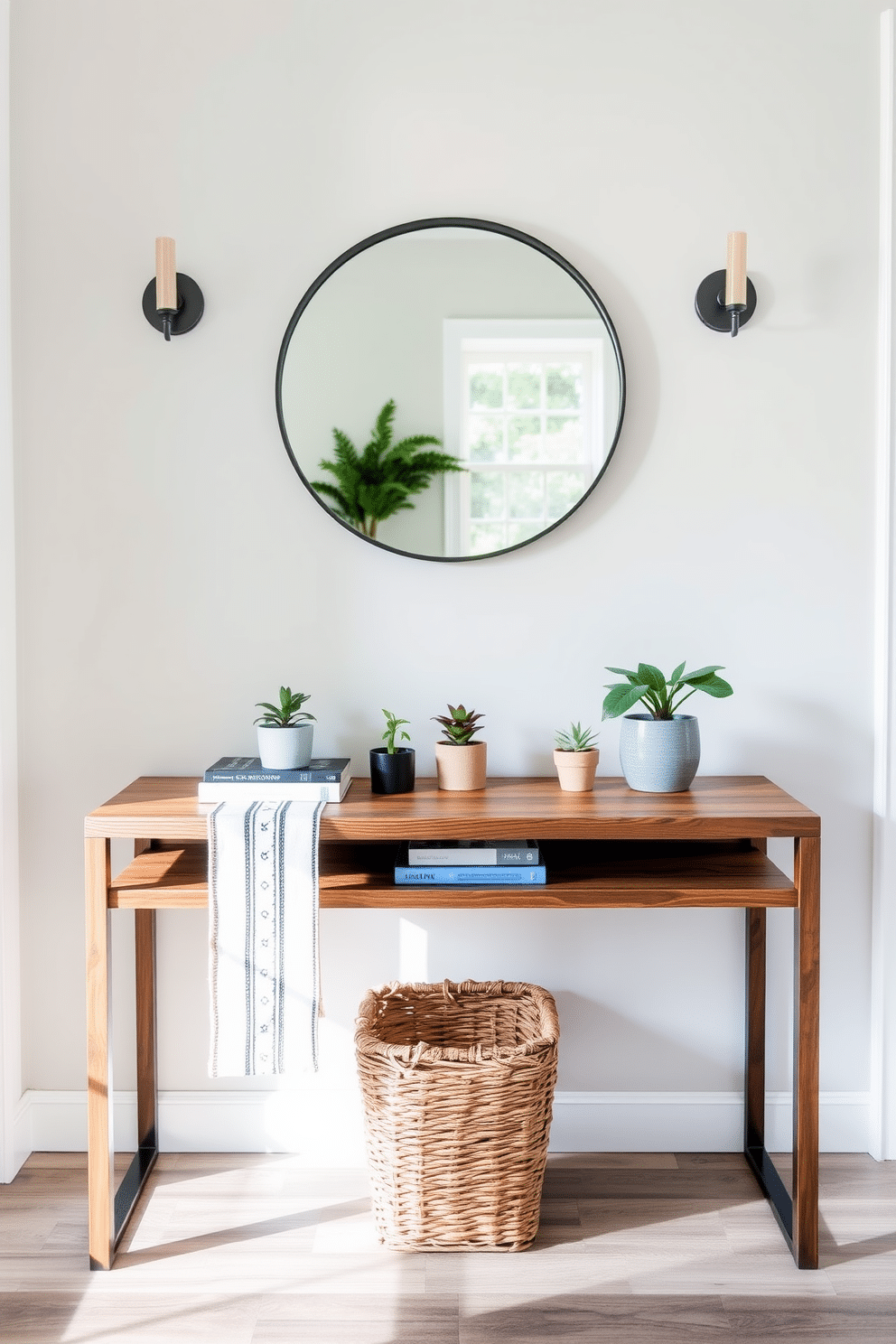 A charming entryway features a sleek console table made of reclaimed wood, adorned with a decorative runner and a small collection of books. On top of the table, a few small potted plants add a touch of greenery, while a round mirror with a minimalist frame hangs above, reflecting natural light. The table is flanked by two stylish wall sconces, casting a warm glow in the space. Beneath the table, a woven basket provides storage for shoes or accessories, enhancing the functional yet inviting atmosphere of the entryway.