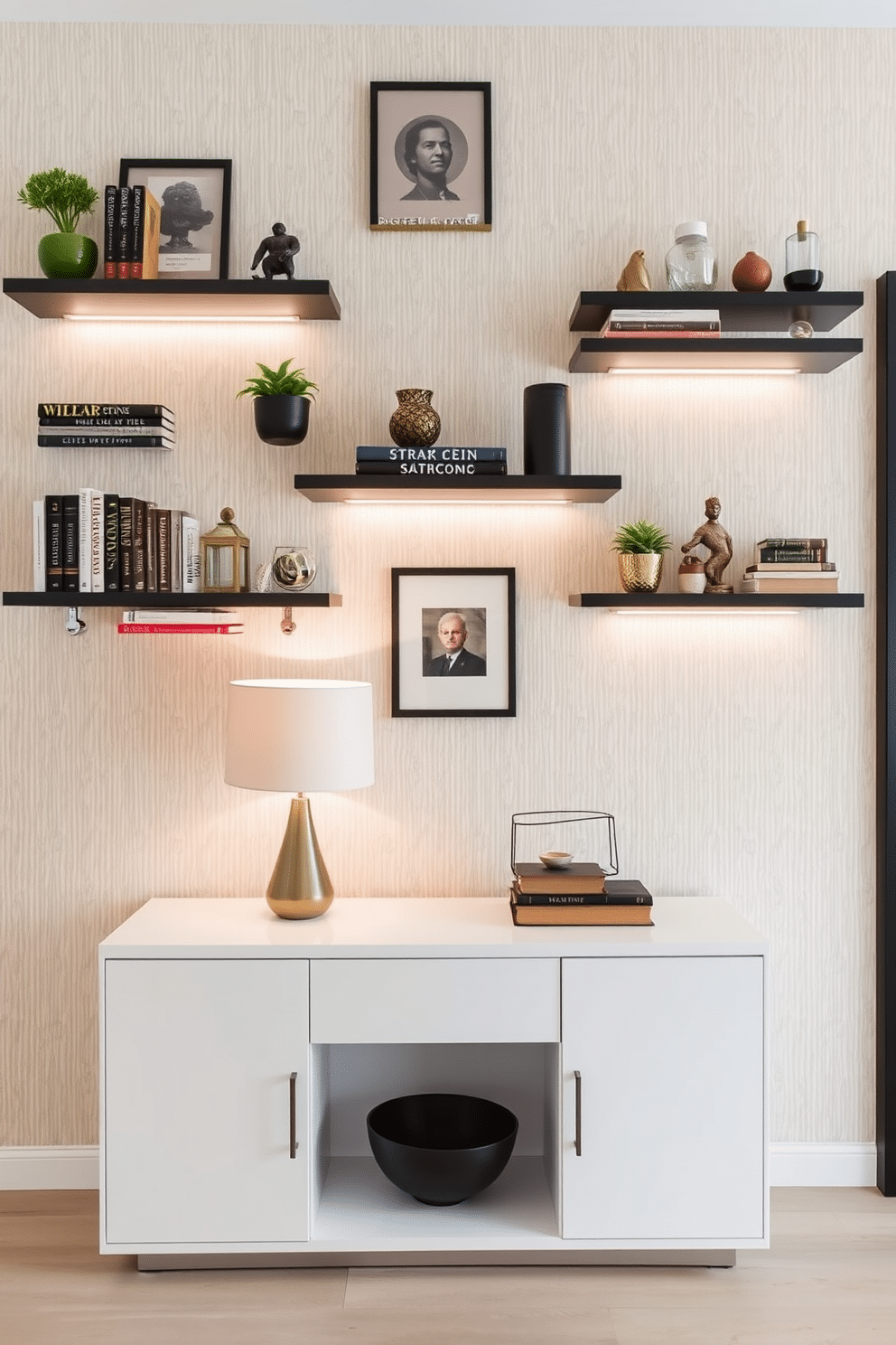 A stylish entryway featuring wall-mounted shelves adorned with an array of decorative items, including books, plants, and unique sculptures. The shelves are complemented by soft, ambient lighting that highlights the decor and creates a warm welcome. In front of the shelves, a sleek entryway table with a minimalist design showcases a statement lamp and a decorative bowl. The table is set against a backdrop of a textured wallpaper in a soft, neutral tone, enhancing the overall sophistication of the space.