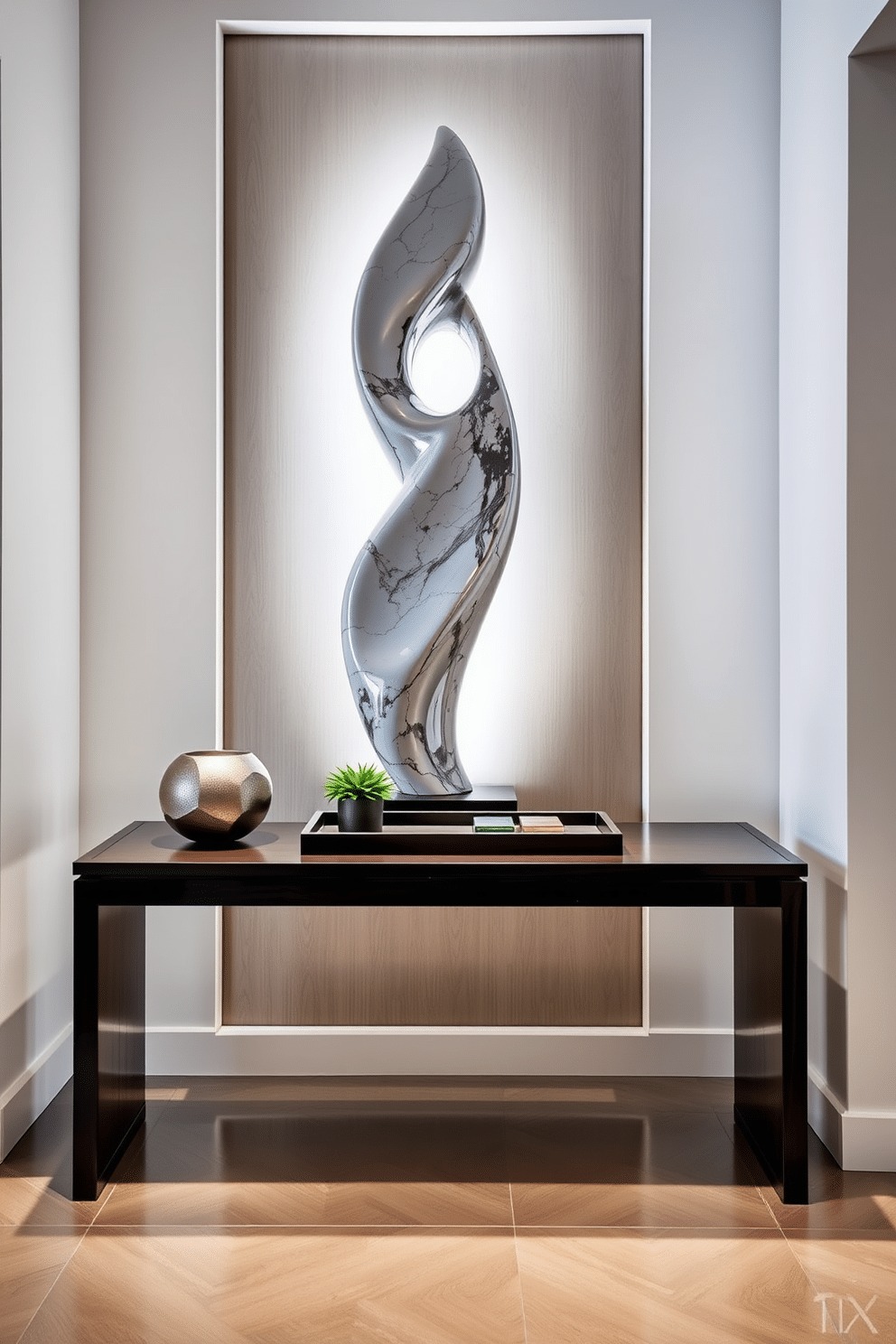 A striking artistic sculpture stands as the focal point in the entryway, crafted from polished marble and featuring fluid, organic shapes that draw the eye. Surrounding the sculpture, soft ambient lighting highlights its contours, creating a dramatic visual impact against a backdrop of neutral-toned walls. The entryway table is a sleek, modern design made from dark wood, featuring clean lines and a minimalist aesthetic. Adorning the table are carefully curated decorative items, including a small potted plant and a stylish tray, adding warmth and personality to the space.