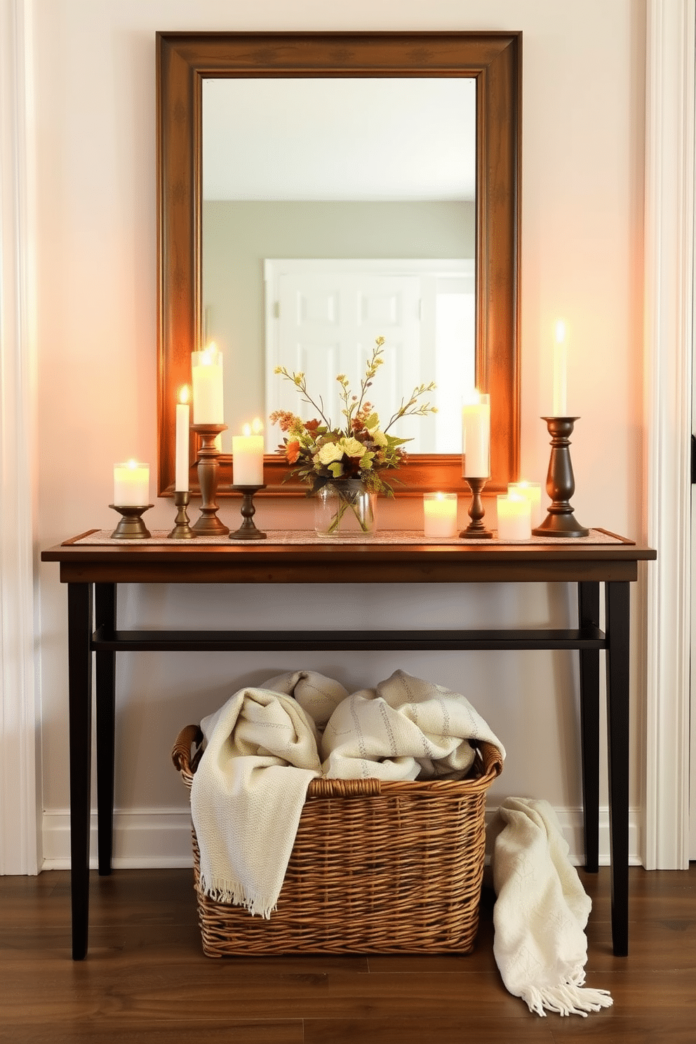 A warm and inviting entryway featuring a stylish table adorned with candles of varying heights, casting a soft glow throughout the space. The table is topped with a decorative runner, and a small arrangement of seasonal flowers adds a touch of freshness. The backdrop showcases a neutral-colored wall with a large mirror that reflects the warm light from the candles. Beneath the table, a woven basket holds cozy blankets, enhancing the welcoming atmosphere of the entryway.