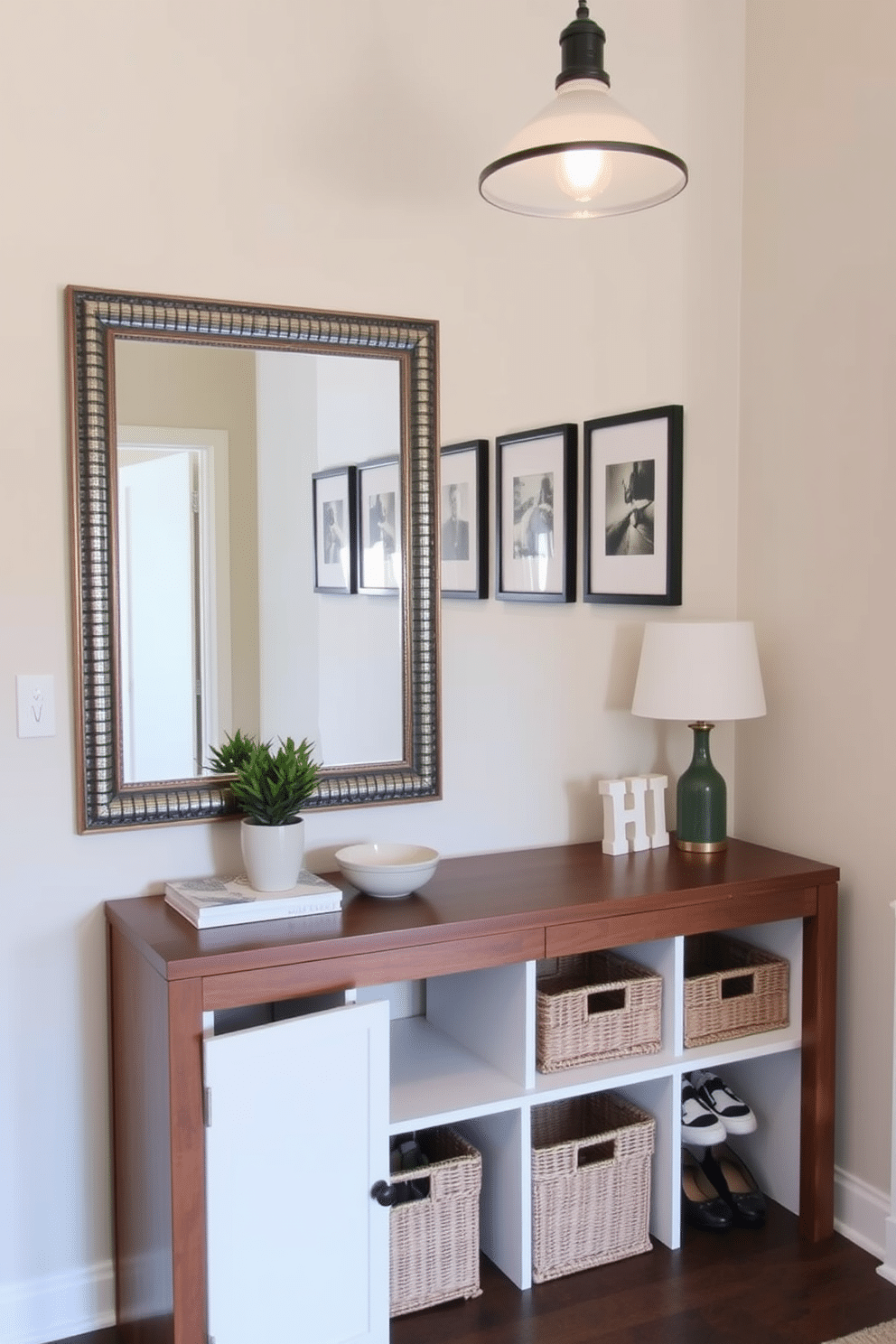 A functional mirror with a decorative frame is the focal point of the entryway, reflecting light and creating an inviting atmosphere. Below the mirror, a sleek console table in a rich wood finish provides space for keys and decorative accents like a small potted plant and a stylish bowl. The entryway table features a combination of open and closed storage, with woven baskets neatly tucked underneath for shoes and accessories. Above the table, a series of framed artwork adds a personal touch, while a chic pendant light illuminates the space, enhancing the overall aesthetic.