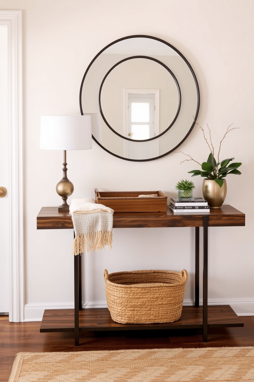 A warm and inviting entryway features a stylish console table topped with an arrangement of layered textiles, including a soft woven runner and a plush decorative tray. Beneath the table, a textured basket holds extra throws, while a statement mirror above reflects the natural light streaming in from the nearby window. The entryway table showcases a blend of materials, with a rustic wood finish that contrasts beautifully with sleek metal accents. Adorning the table are carefully curated decor items, such as a small potted plant and a stack of art books, creating a welcoming atmosphere for guests.