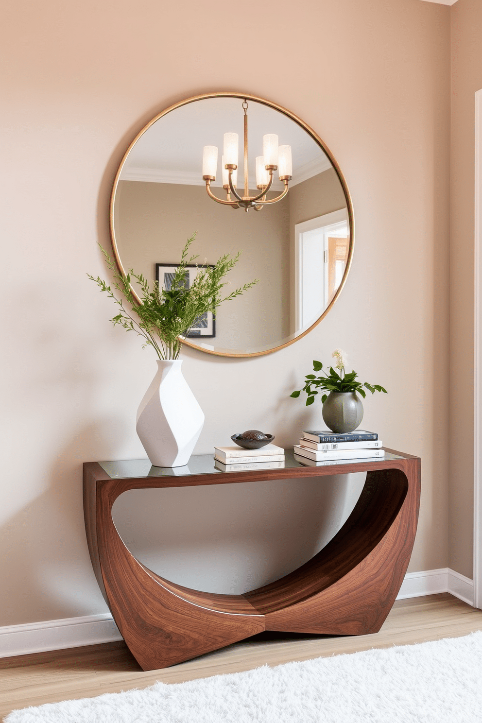 A unique entry table with a curved design stands elegantly in the foyer, featuring a rich walnut finish that highlights its organic shape. Above the table, an oversized round mirror with a sleek gold frame reflects the soft ambient light from a nearby chandelier, creating an inviting atmosphere. Decorative elements such as a sculptural vase filled with fresh greenery and a stack of art books add personality to the table. The entryway is painted in a warm, neutral tone, complemented by a plush area rug that anchors the space and enhances the overall aesthetic.