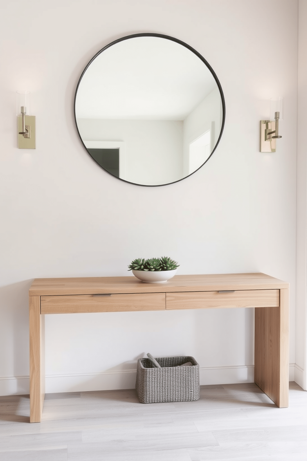 A serene entryway featuring a sleek console table in light oak with minimalist design. Above the table, a large round mirror with a thin black frame reflects natural light, enhancing the neutral palette of soft grays and whites. On the table, a simple arrangement of green succulents in a ceramic pot adds a touch of nature. Flanking the table, two elegant wall sconces provide warm illumination, creating an inviting atmosphere as guests enter the home.