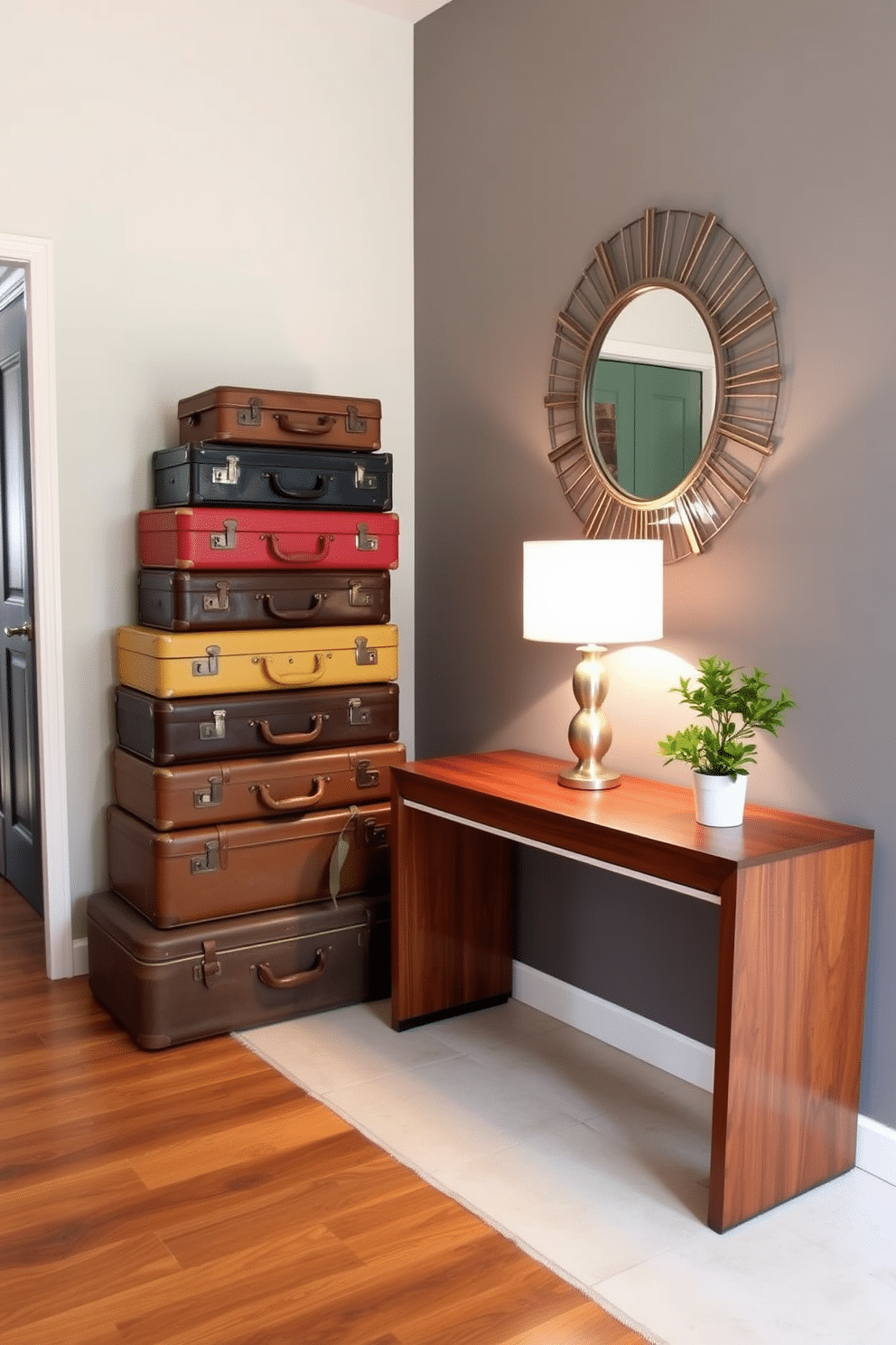 A charming entryway showcases stacked vintage suitcases, artfully arranged to create a nostalgic focal point. The suitcases are in various colors and textures, adding character and warmth to the space. Adjacent to the suitcases, a sleek entryway table features a minimalist design with clean lines and a rich wood finish. On the table, a stylish lamp and a small potted plant provide a welcoming ambiance, while a decorative mirror above enhances the sense of space.