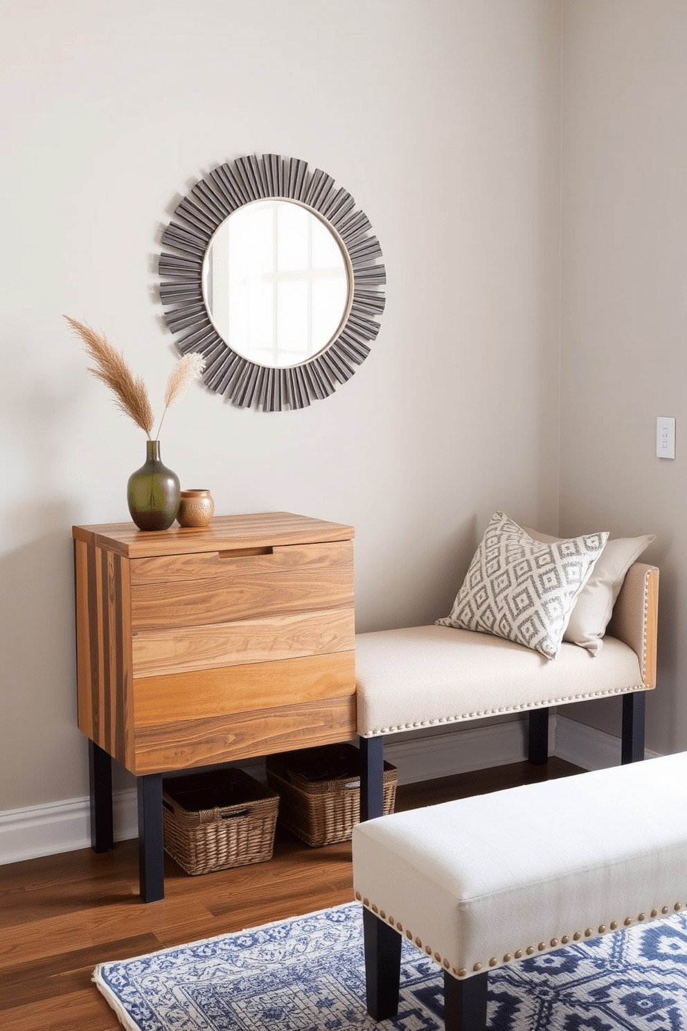 A stylish entryway featuring a sleek console table made of reclaimed wood, adorned with a decorative mirror above it. To the side, a small upholstered bench in a neutral fabric provides comfortable seating, complemented by a few decorative pillows.