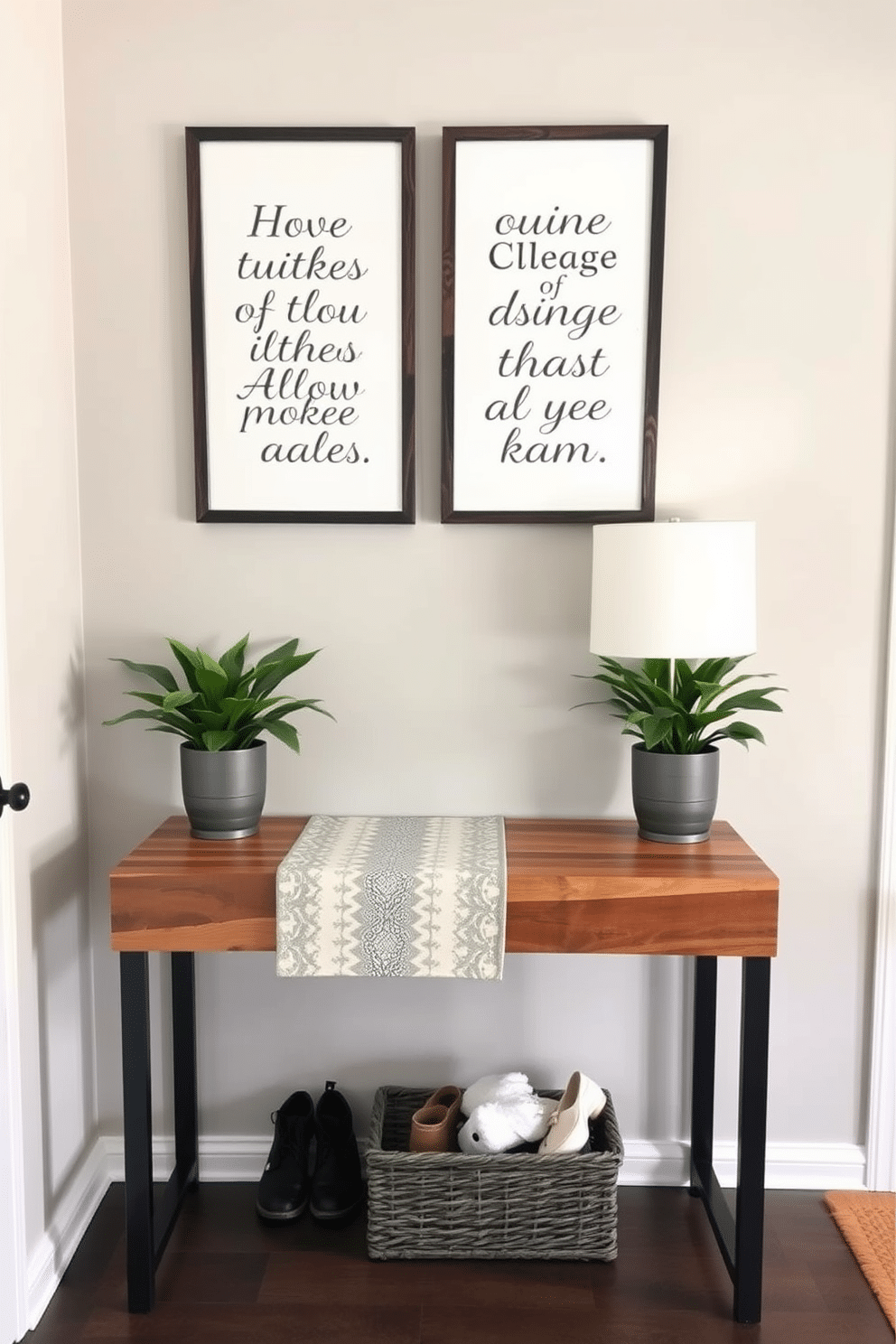 A beautifully designed entryway features a sleek console table made of reclaimed wood, adorned with a decorative runner and a stylish lamp. Framed inspirational quotes in elegant typography are displayed above the table, adding warmth and a welcoming touch to the space. The console table is flanked by potted greenery, bringing a touch of nature indoors. A small basket underneath holds shoes and other essentials, ensuring the entryway remains organized and inviting.