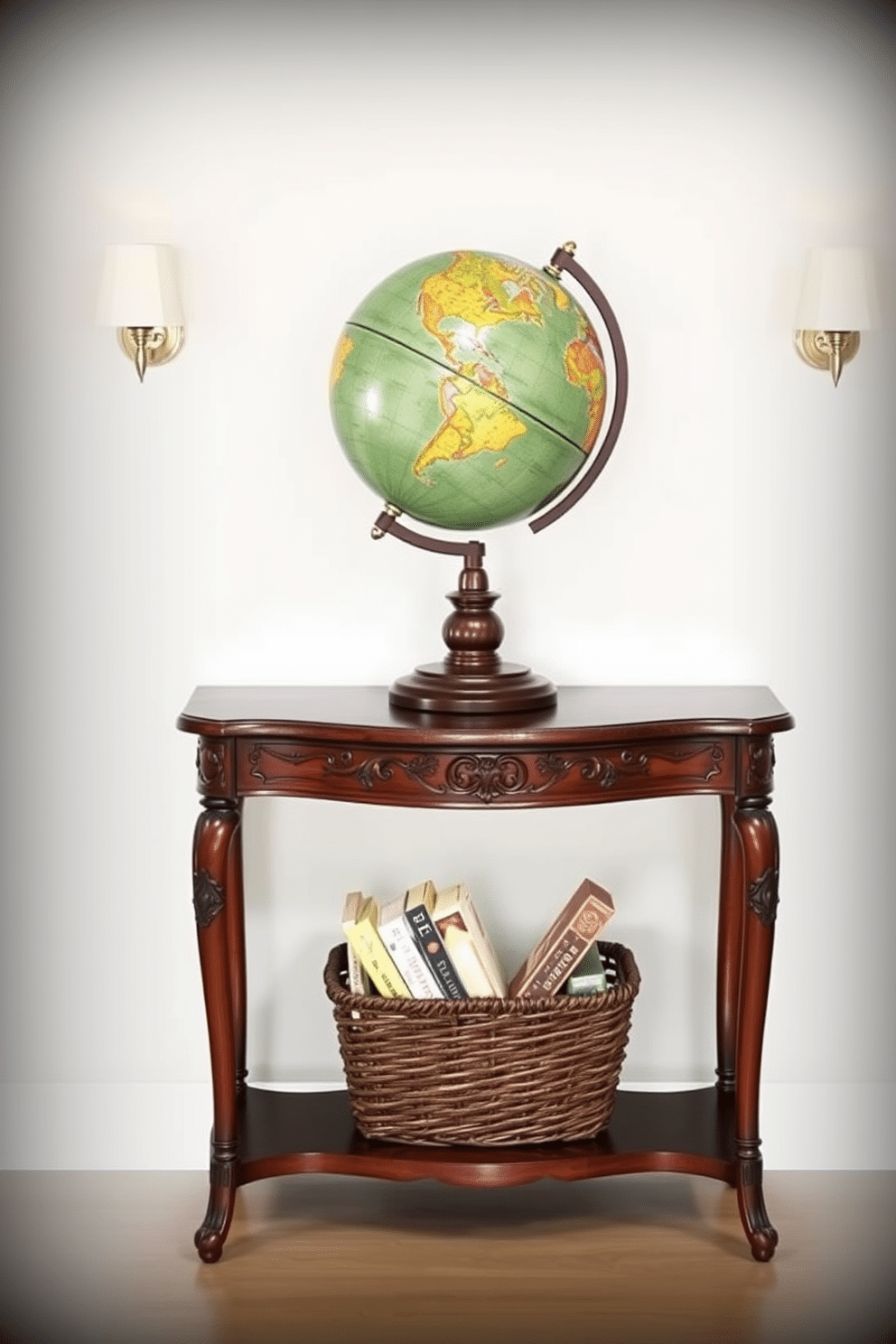 A decorative globe sits atop an elegant entryway table, adding a worldly touch to the space. The table is crafted from rich mahogany, featuring intricate carvings and a sleek, polished surface that complements the globe's vibrant colors. Beneath the globe, a stylish basket holds a collection of travel books, inviting guests to explore distant lands. Flanking the table, a pair of chic sconces casts a warm glow, enhancing the inviting atmosphere of the entryway.