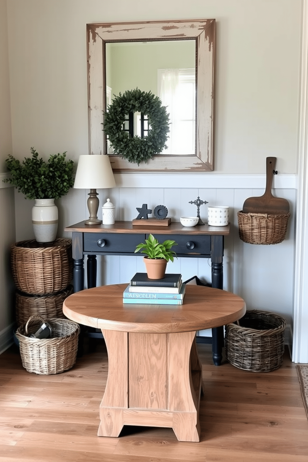 A rustic wood table sits at the center of a cozy farmhouse entryway, showcasing its natural grain and weathered finish. Surrounding the table are woven baskets and vintage decor items that enhance the warm, inviting atmosphere. The entryway features a charming arrangement with a rustic wood table topped with a small potted plant and a stack of well-loved books. Above the table, a large mirror with a distressed frame reflects the soft, natural light coming in from a nearby window.