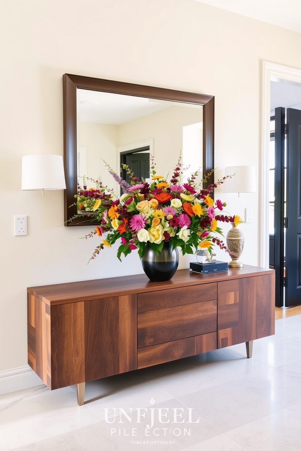 A stunning entryway featuring a sleek console table made of reclaimed wood, adorned with a vibrant bouquet of mixed flowers in a statement vase. The walls are painted a soft cream, providing a warm backdrop, while a large mirror above the table reflects natural light and enhances the space.