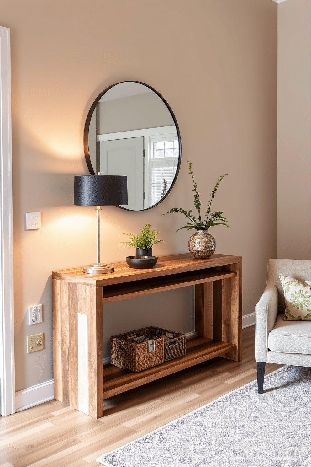 A welcoming entryway features a sleek console table made of reclaimed wood, adorned with a stylish table lamp that casts a warm glow. Above the table, a large round mirror reflects the light, creating an inviting atmosphere enhanced by a small potted plant and a decorative bowl for keys. The walls are painted in a soft taupe, providing a neutral backdrop that complements the natural wood tones. To the side, a cozy armchair invites guests to sit, while a patterned area rug adds texture and warmth to the space.