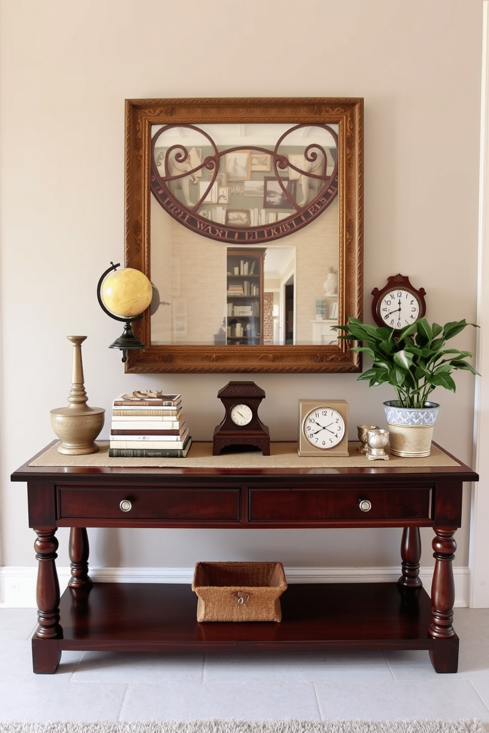 A stylish entryway table adorned with a collection of vintage books stacked neatly beside decorative objects such as a small globe and an antique clock. The table is finished in a rich mahogany, complemented by a chic runner and a potted plant, creating a warm and inviting atmosphere.