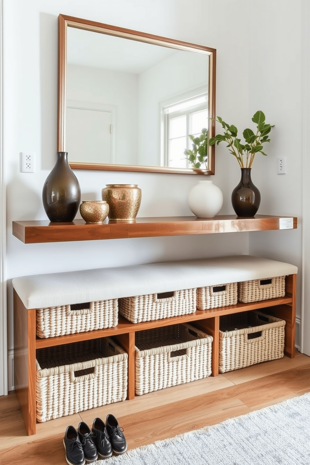 A stylish entryway features functional baskets for shoe storage, neatly arranged beneath a sleek wooden bench. The baskets are woven in a natural fiber, adding texture, while the bench is upholstered in a soft, neutral fabric for comfort. The entryway table showcases a minimalist design with clean lines and a glossy finish, topped with decorative objects that reflect personal style. A large mirror hangs above, enhancing the space and providing a practical element for last-minute checks before leaving home.