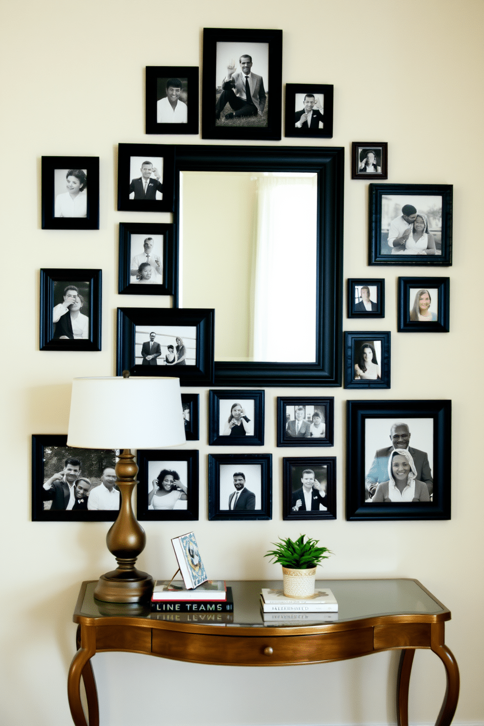 A gallery wall adorned with personalized photo frames in various sizes creates a warm and inviting atmosphere. The frames feature a mix of black-and-white and color photographs, arranged in a stylish yet cohesive layout against a soft, neutral wall. An elegant entryway table showcases a blend of functionality and aesthetics. The table is topped with a decorative lamp, a small potted plant, and a few curated books, while a stylish mirror hangs above, reflecting the inviting ambiance of the space.