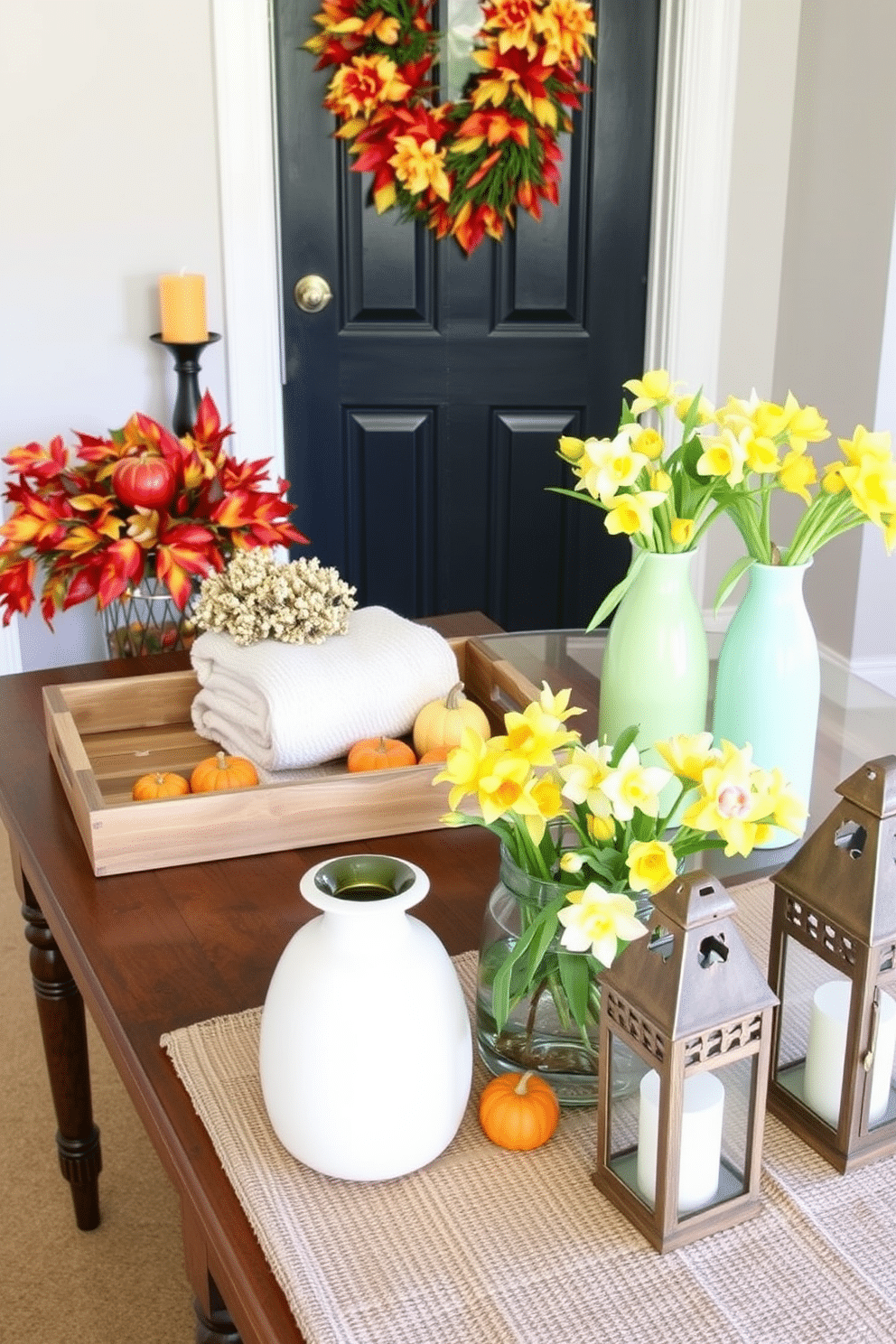 A seasonal entryway table adorned with vibrant autumn leaves, small pumpkins, and warm-hued candles creates a welcoming atmosphere. The table is topped with a rustic wooden tray, holding a bouquet of dried flowers and a stack of cozy blankets for guests. For a fresh spring look, the entryway table features pastel-colored vases filled with blooming tulips and daffodils. A soft, woven runner adds texture, while decorative lanterns provide a warm glow in the evening, inviting visitors into your home.