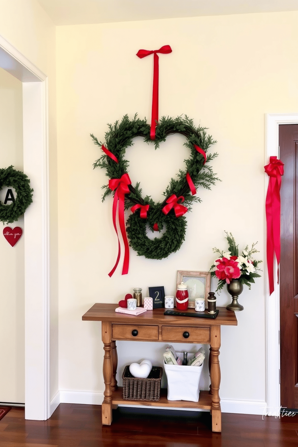 A charming entryway adorned with a heart-shaped wreath, embellished with vibrant red ribbons that cascade gracefully. The walls are painted in a soft cream hue, creating a warm and inviting atmosphere, while a rustic console table holds a collection of Valentine’s Day-themed decor items.