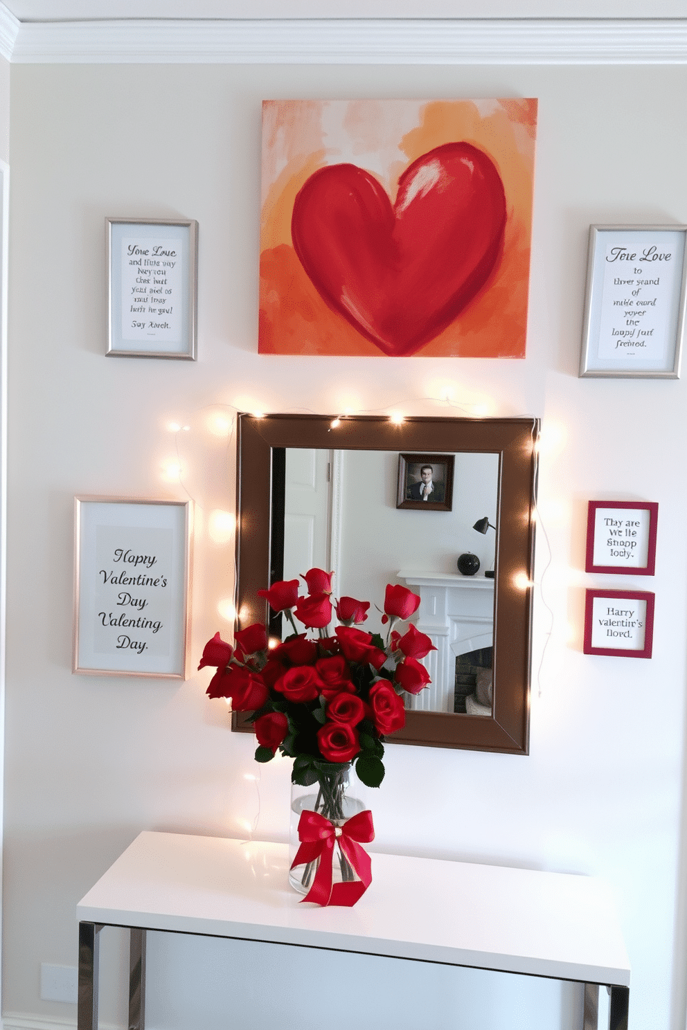 A romantic entryway adorned with love-themed wall art. The walls feature a large canvas displaying an abstract heart design in warm hues, complemented by smaller framed prints with inspirational love quotes. To enhance the Valentine's Day atmosphere, a stylish console table is decorated with a bouquet of red roses in a glass vase. Soft fairy lights are draped around the entryway mirror, creating a warm and inviting glow.