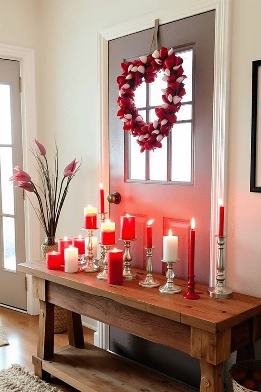 A charming entryway adorned for Valentine's Day, featuring a collection of red and white candles of varying heights arranged on a rustic wooden console table. Soft, ambient lighting enhances the romantic atmosphere, while a heart-themed wreath hangs on the door, inviting guests into a warm and festive space.