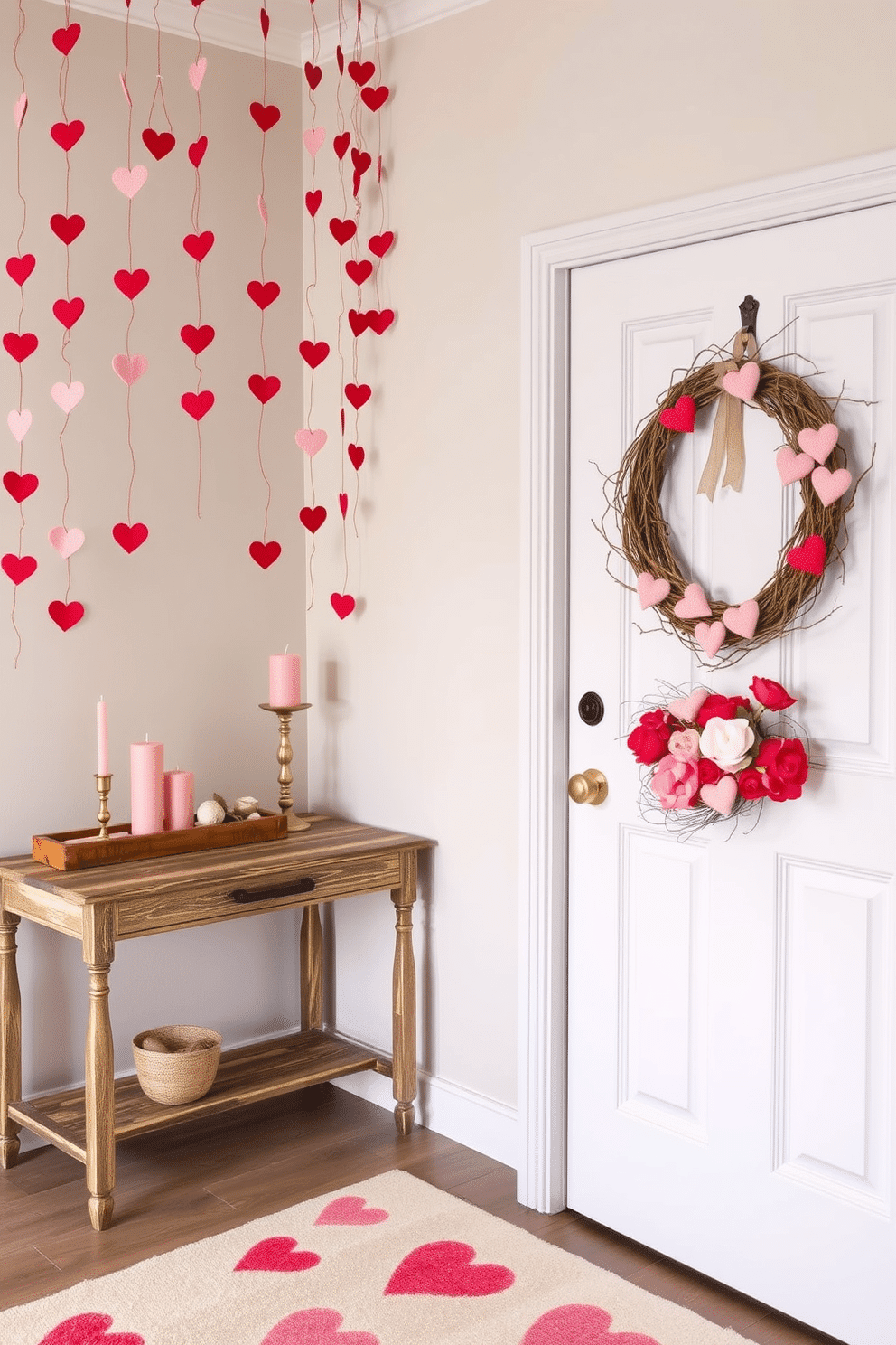 A charming entryway adorned with hanging heart decorations creates a warm and inviting atmosphere for Valentine's Day. The walls are draped with strings of delicate red and pink hearts, while a festive wreath made of intertwined twigs and fabric hearts hangs prominently on the door. A rustic console table is placed against one wall, topped with a collection of candles in varying heights and shades of pink. A soft, cozy rug in heart patterns lies beneath, welcoming guests as they step inside.