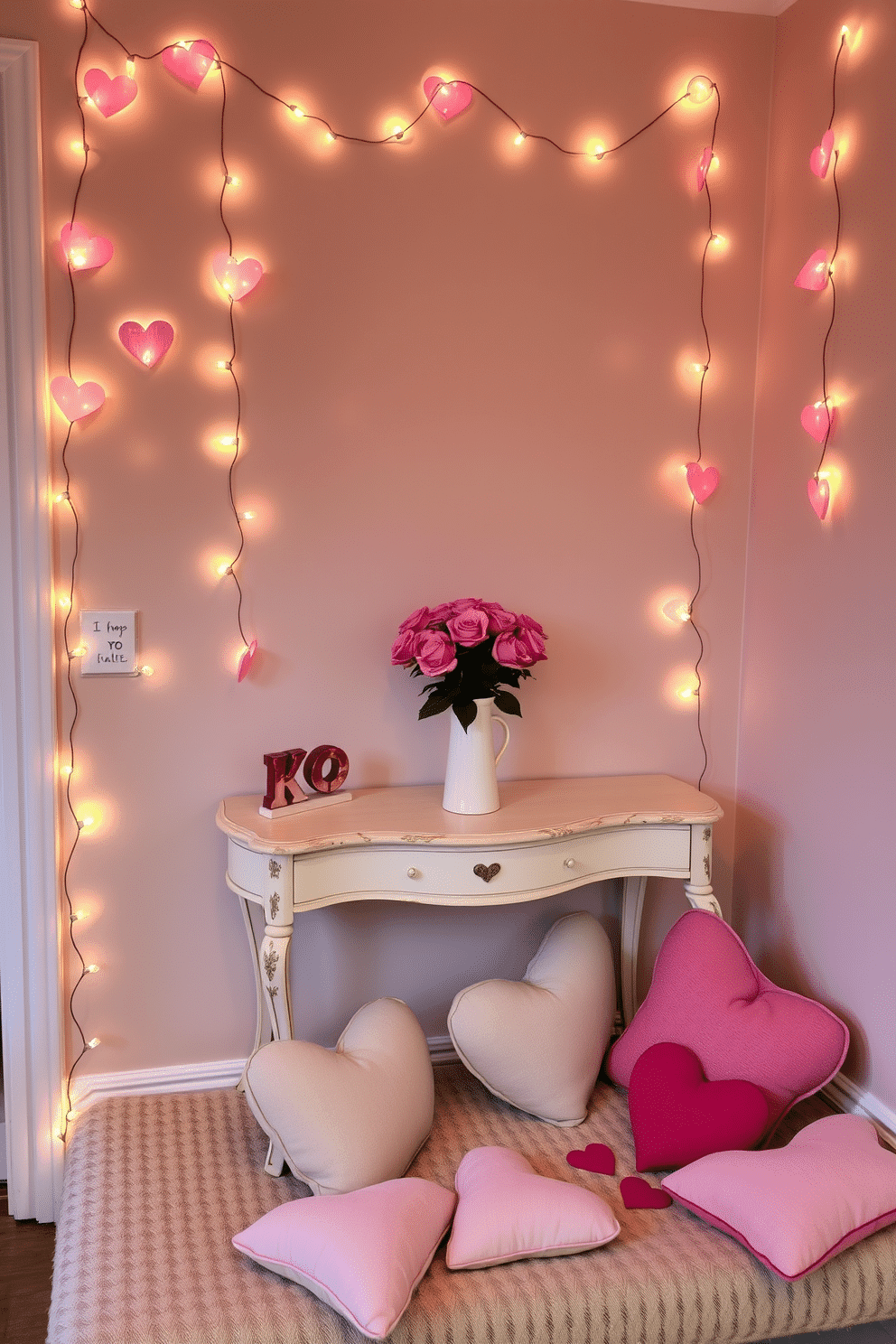 A charming entryway adorned with heart-shaped fairy lights creates a warm and inviting atmosphere. The lights are draped elegantly along the walls, casting a soft glow that enhances the festive spirit of Valentine's Day. A decorative console table sits against the wall, topped with a bouquet of fresh roses in a pastel vase. Surrounding the table are scattered heart-shaped cushions on a cozy bench, inviting guests to linger and enjoy the romantic decor.