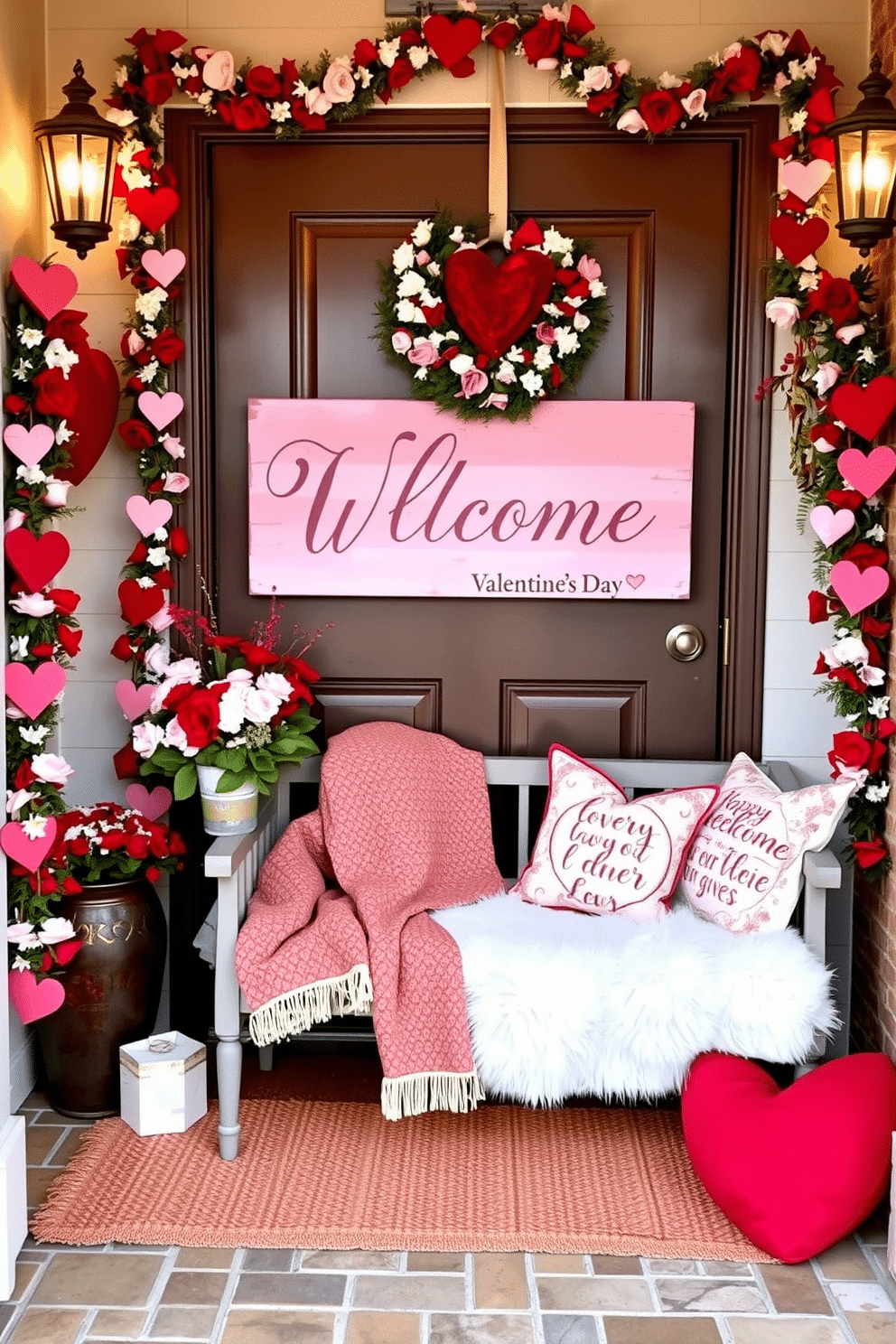 A charming entryway adorned for Valentine's Day features a beautifully crafted welcome sign made of reclaimed wood, painted in soft pink with elegant white lettering. Surrounding the sign are heart-shaped garlands and fresh flowers in shades of red and white, creating a warm and inviting atmosphere. The entryway is further enhanced with a cozy bench draped in a fluffy throw blanket, while decorative pillows with romantic motifs invite guests to sit. A heart-shaped wreath hangs on the door, completing the festive look and welcoming loved ones into a heartfelt space.