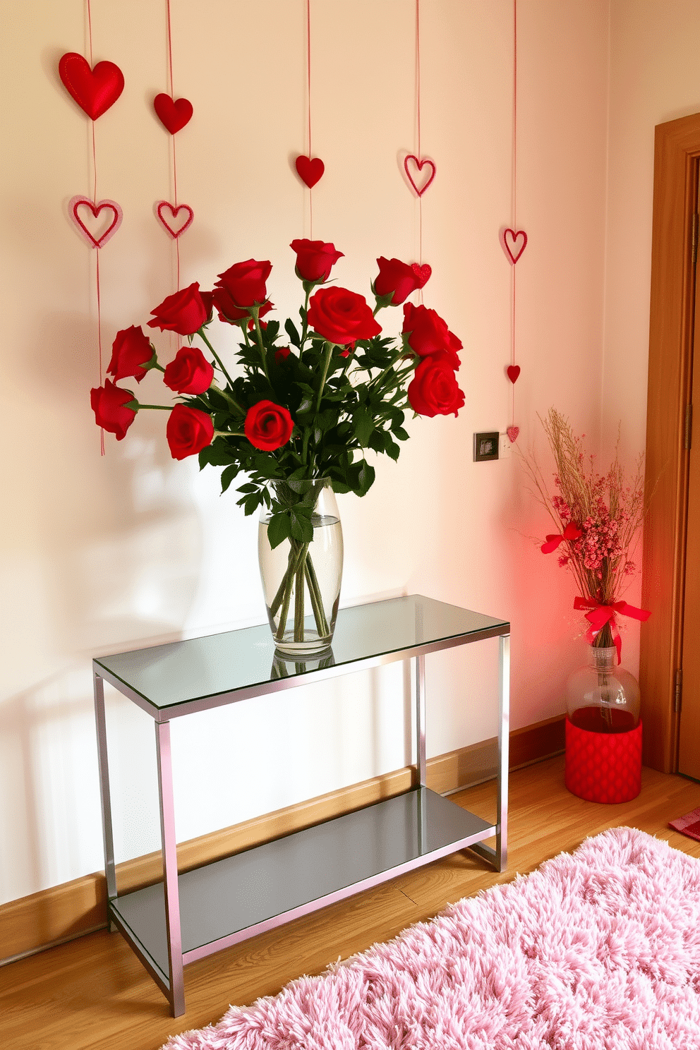 A charming entryway adorned for Valentine's Day features a stunning vase filled with vibrant red roses, their petals lush and velvety. The vase sits atop a sleek console table, complemented by soft, ambient lighting that highlights the romantic atmosphere. Delicate heart-shaped decorations hang from the walls, creating a warm and inviting entrance. A plush area rug in shades of pink and white adds a cozy touch, welcoming guests with a festive flair.