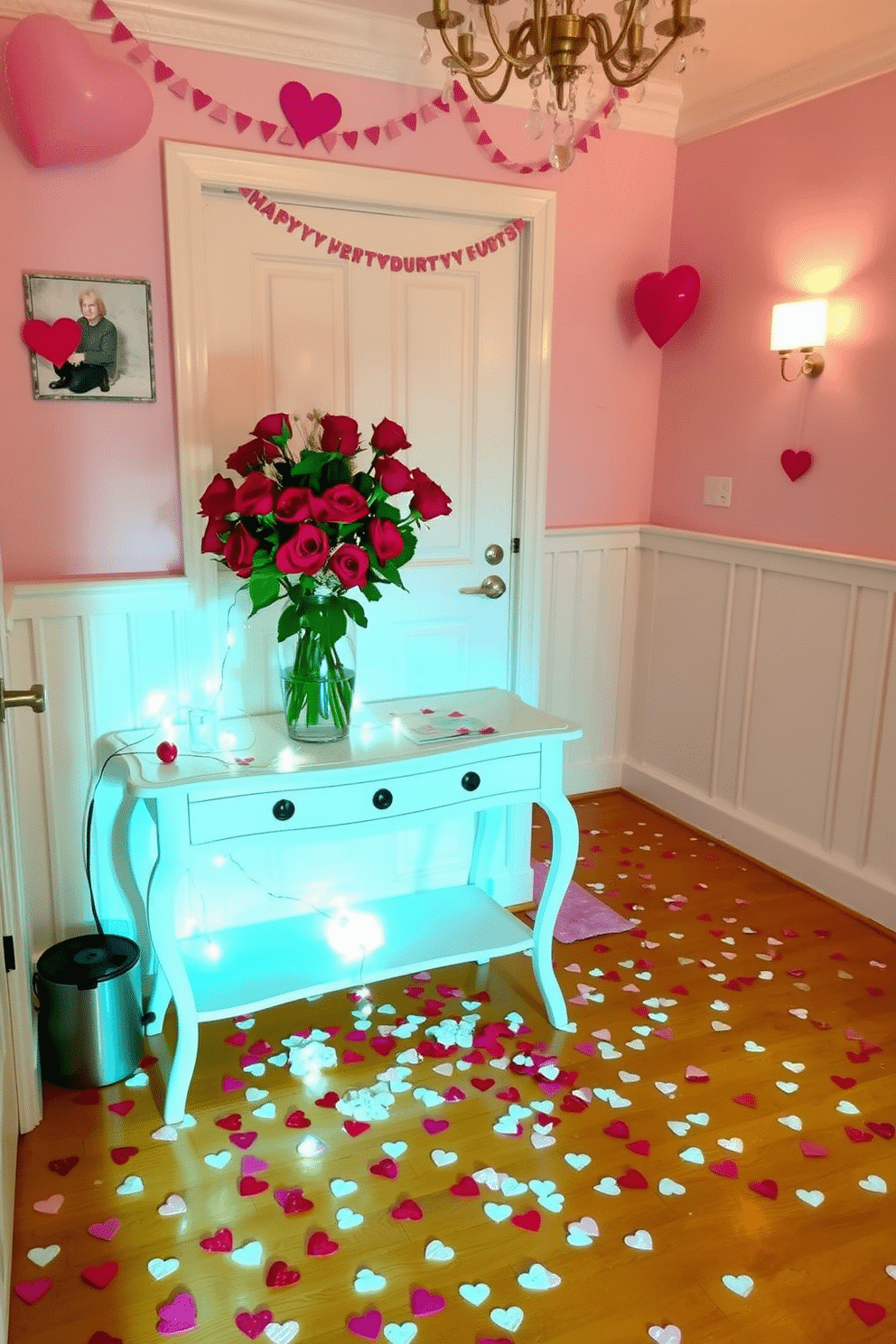 A whimsical entryway adorned for Valentine's Day, featuring heart-shaped confetti scattered across a warm wooden floor. The walls are decorated with soft pink and white accents, while a charming console table displays a bouquet of red roses in a glass vase, surrounded by twinkling fairy lights.