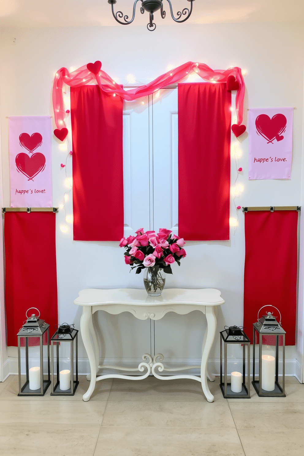 A charming entryway adorned with Valentine's themed banners, featuring soft pink and red hues that create a warm, inviting atmosphere. The banners are elegantly draped along the walls, complemented by heart-shaped garlands and twinkling fairy lights. To enhance the festive spirit, a decorative console table is placed against the wall, topped with a bouquet of fresh roses in a glass vase. Flanking the table are small lanterns with candles, casting a soft glow that welcomes guests into the home.