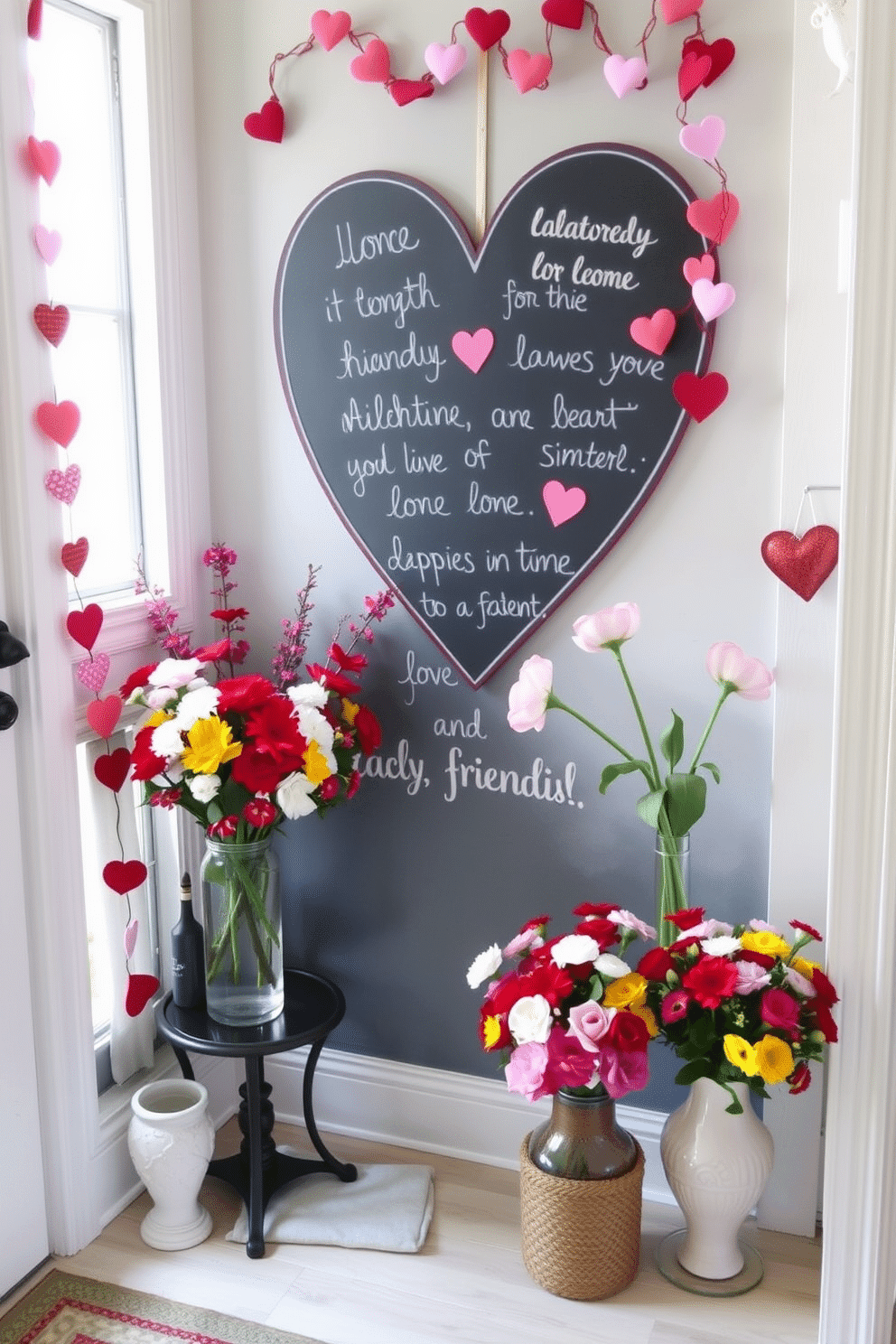 A charming entryway features a heart-shaped chalkboard adorned with handwritten messages celebrating love and friendship. Surrounding the chalkboard are festive decorations, including garlands of red and pink hearts, and a small table displaying seasonal flowers in vibrant vases.