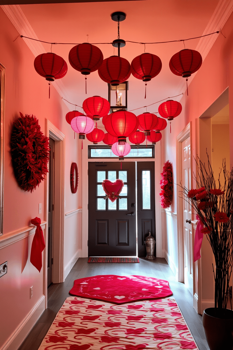 A charming entryway adorned for Valentine's Day features an array of red and pink lanterns hanging from the ceiling, casting a warm glow. The floor is lined with a soft, heart-patterned rug, inviting guests into a romantic atmosphere filled with love and joy.