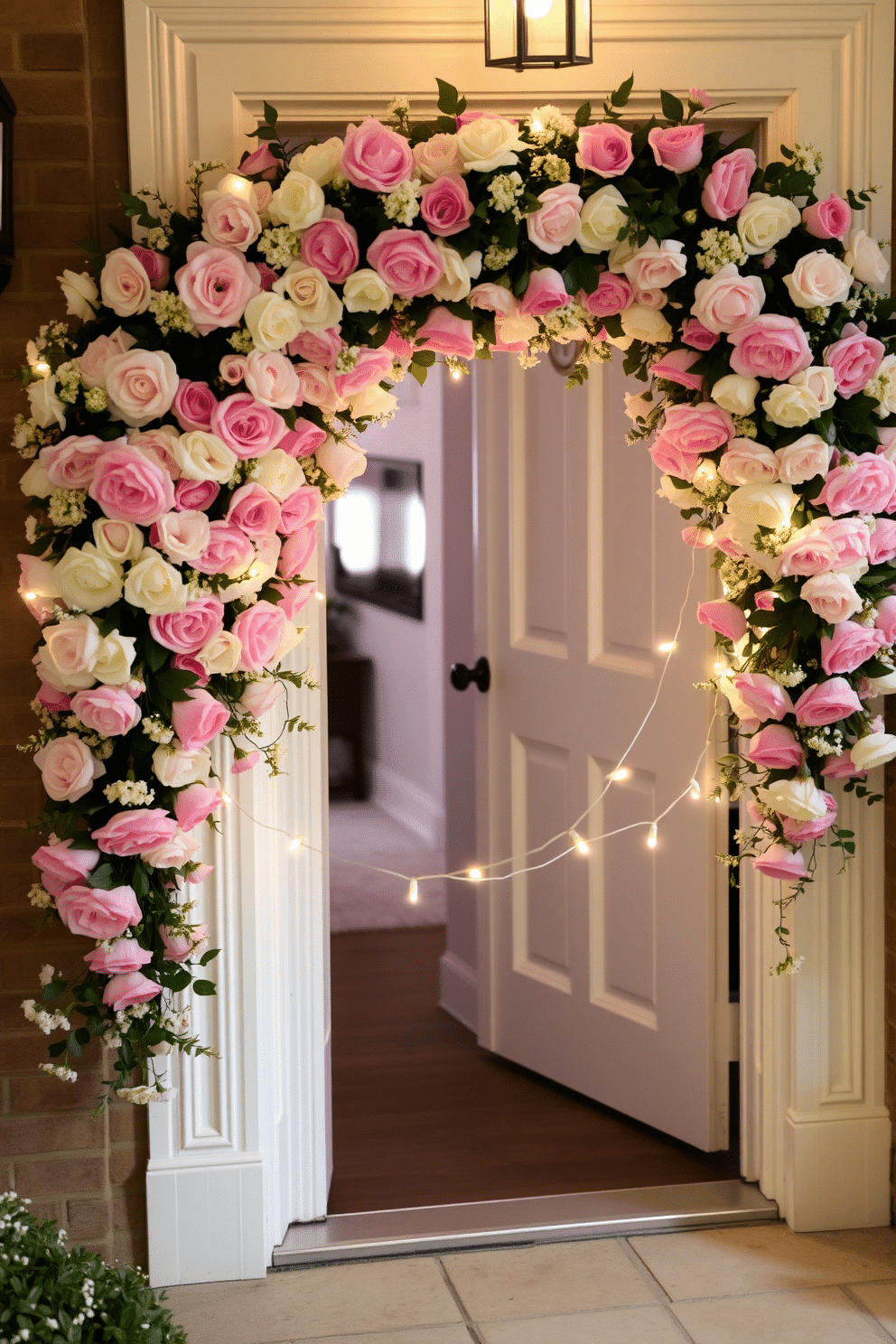 A romantic entryway adorned with a lush floral garland draped around the doorway, featuring an array of soft pink and white blooms. Delicate string lights are intertwined within the garland, casting a warm glow that enhances the inviting atmosphere for Valentine's Day.