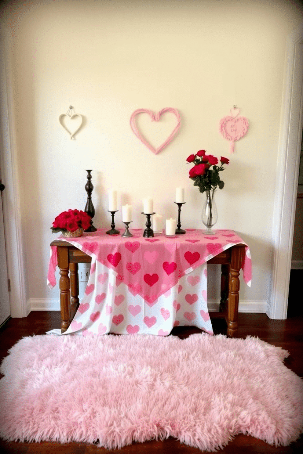 A charming entryway adorned for Valentine's Day features a heart-patterned tablecloth draped elegantly over a rustic wooden console table. On the table, a collection of romantic candles in varying heights creates a warm glow, while a small vase of fresh red roses adds a vibrant touch. Flanking the console table, a pair of whimsical heart-shaped wall hangings in soft pastel colors enhance the festive atmosphere. A cozy, plush rug in shades of pink and white invites guests to step inside, completing the inviting Valentine's Day decor.