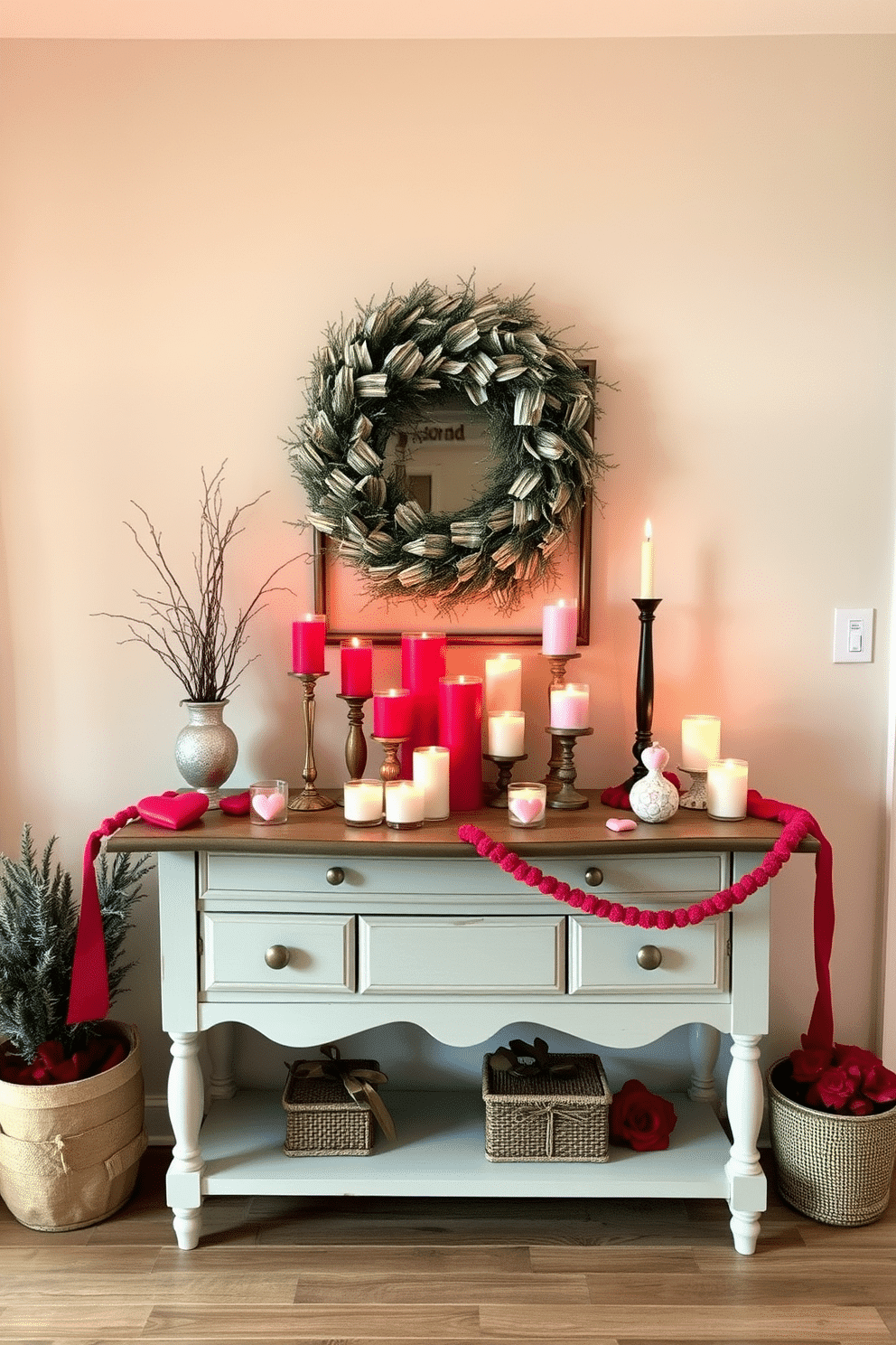 A cozy entryway adorned for Valentine's Day features a charming console table topped with an array of romantic scented candles in various heights and colors. Soft, warm lighting casts a gentle glow, enhancing the inviting atmosphere while heart-shaped decor accents the table, creating a perfect welcome for guests.