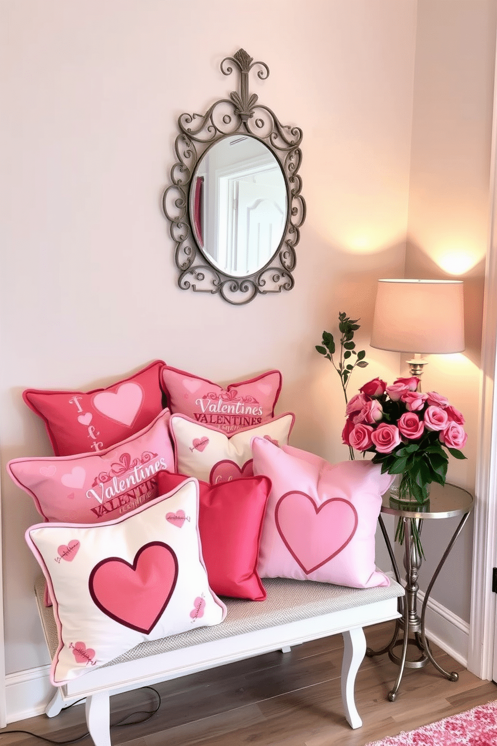 A cozy entryway adorned with Valentine's themed cushions in shades of pink and red. The cushions, featuring heart patterns and romantic motifs, are arranged on a stylish bench beneath a decorative wall mirror. To the side, a small table displays a bouquet of fresh roses in a glass vase, adding a touch of elegance. Soft lighting from a nearby lamp casts a warm glow, enhancing the inviting atmosphere of the space.