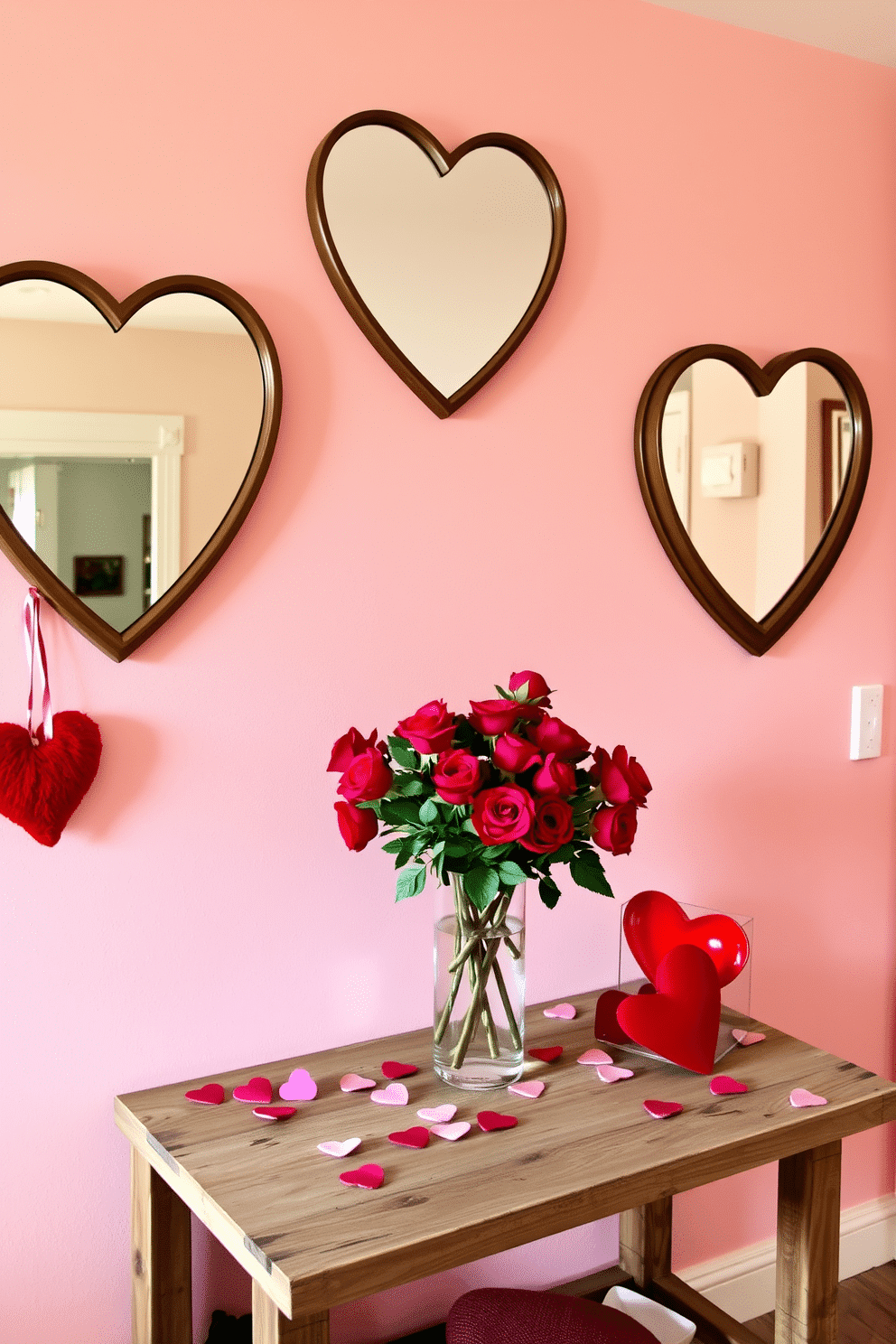 A charming entryway adorned for Valentine's Day features heart-shaped mirrors that reflect warm, inviting light. The walls are painted in soft pink, while a rustic wooden console table holds a vase filled with vibrant red roses and scattered heart-shaped decorations.