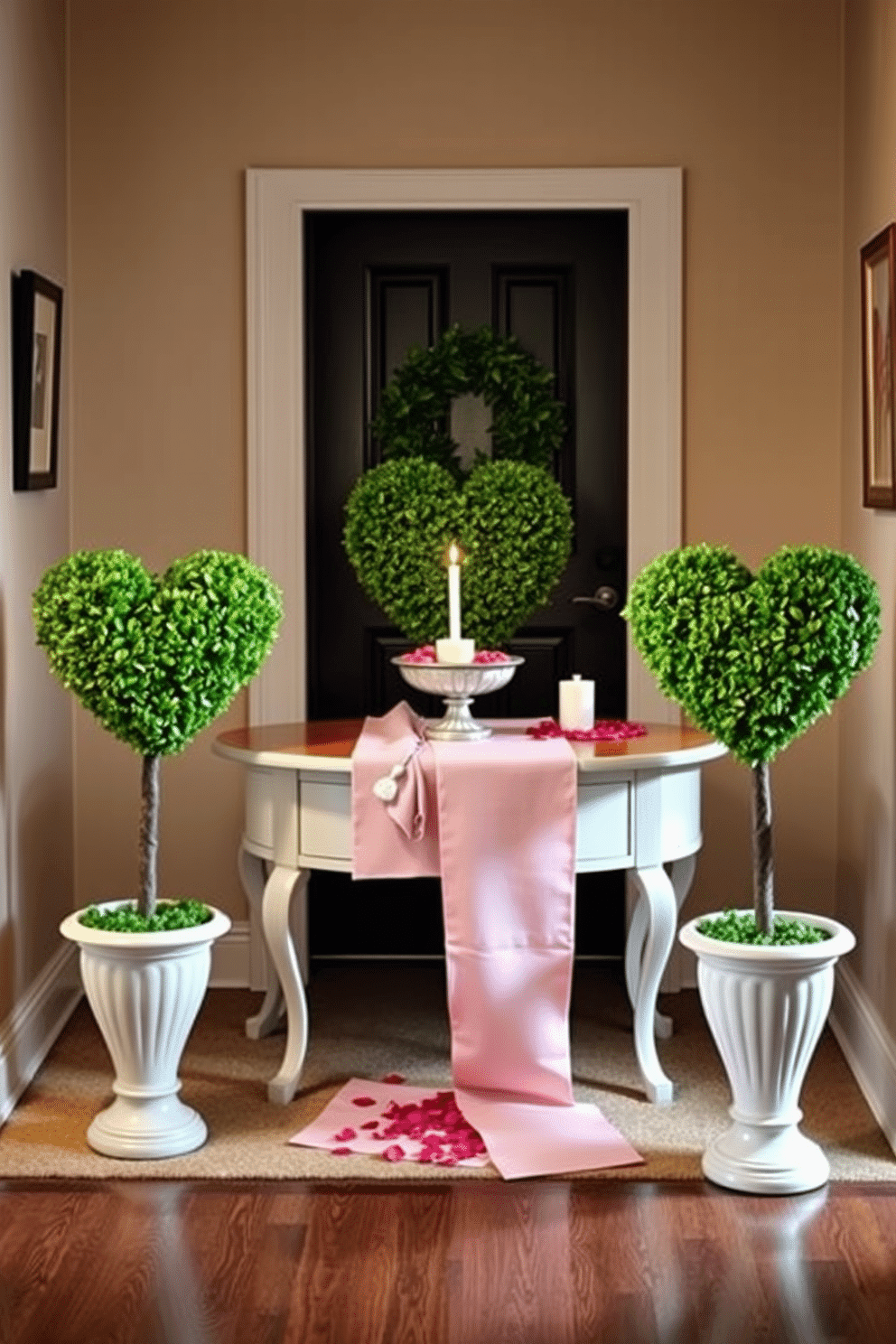 A charming entryway adorned with heart-shaped topiaries, each meticulously shaped and lushly green. The space features a welcoming console table draped with a soft pink runner, complemented by a decorative bowl filled with rose petals. Flanking the entrance, two heart-shaped topiaries sit in elegant ceramic pots, adding a touch of romance. The walls are adorned with subtle, festive artwork, and a fragrant candle flickers softly on the table, creating a warm and inviting atmosphere for Valentine's Day.