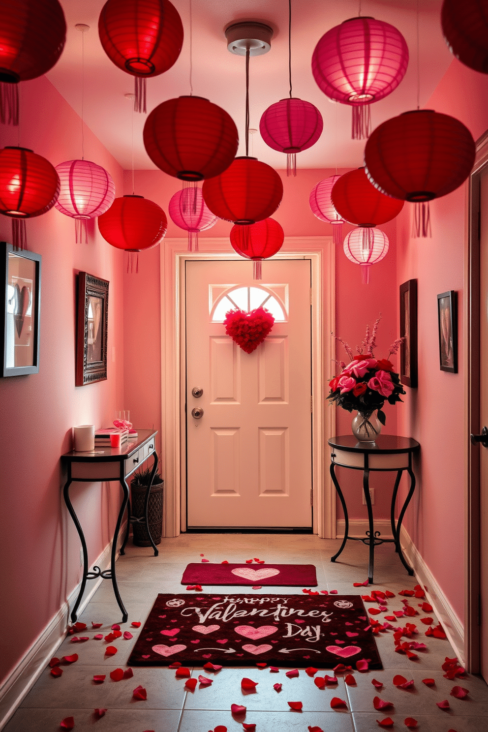 A charming entryway adorned with red and pink paper lanterns hanging from the ceiling, creating a warm and inviting atmosphere. The walls are decorated with heart-themed artwork, and a small console table is set against one side, topped with a floral arrangement in shades of pink and red. A cheerful welcome mat lies at the entrance, featuring Valentine’s Day motifs. Soft, ambient lighting enhances the romantic feel, while scattered rose petals lead guests further into the home.