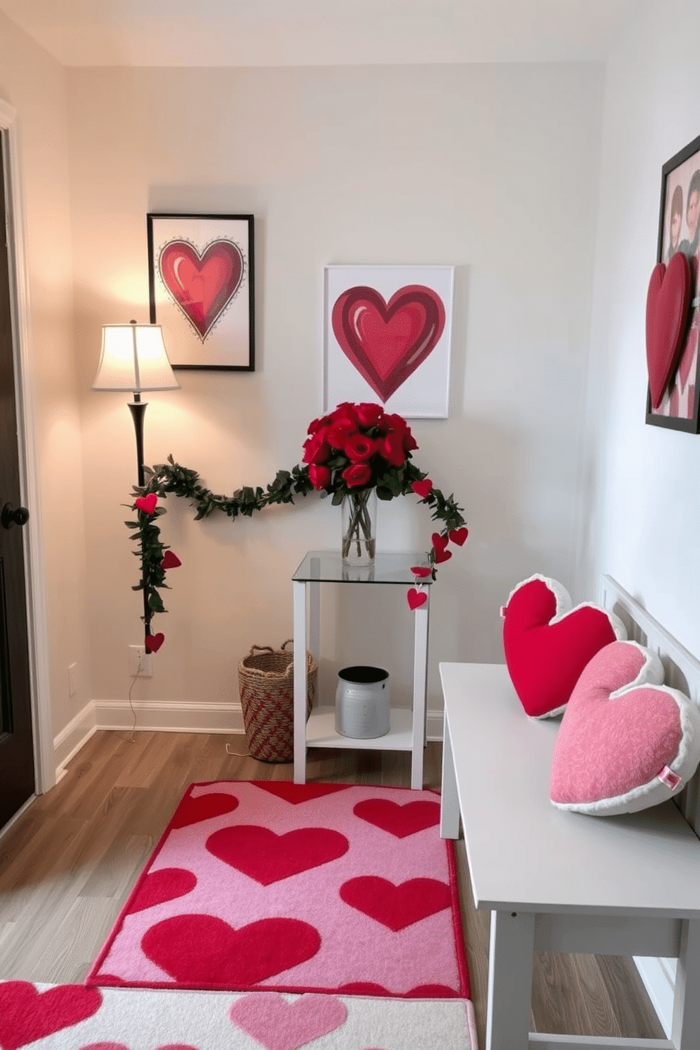 A charming entryway adorned for Valentine's Day features a heart-patterned rug that adds a playful touch to the space. Flanking the entrance, a small console table displays a bouquet of red roses in a clear vase, complemented by soft, ambient lighting from a nearby lamp. On the wall, a heart-themed artwork adds a romantic flair, while a festive garland of faux greenery and red hearts drapes along the table's edge. To complete the look, a pair of heart-shaped decorative pillows sits on a nearby bench, inviting guests to feel the warmth of the celebration.