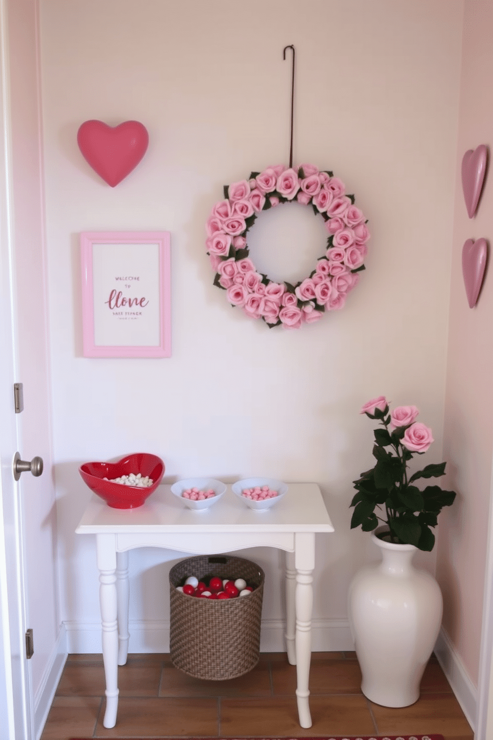 A charming entryway adorned for Valentine's Day features heart-shaped candy dishes placed on a small console table. The walls are decorated with soft pink accents, and a welcoming wreath made of faux roses hangs on the door, inviting guests into a festive atmosphere.