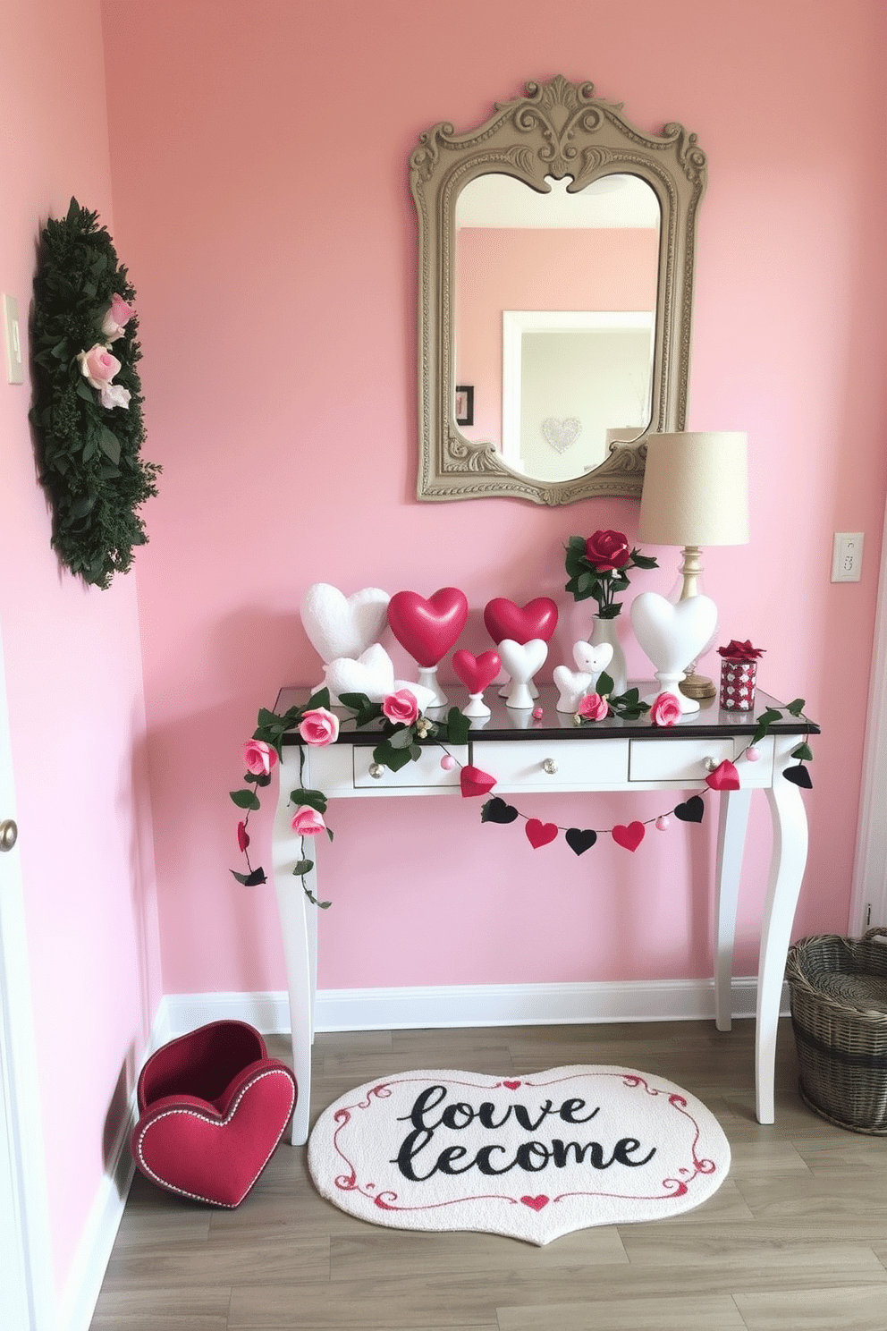 A charming entryway adorned with Valentine's Day decorations. Heart-shaped figurines in various sizes are placed on a console table, complemented by a garland of faux roses draping elegantly across the surface. The walls are painted in a soft blush tone, creating a romantic atmosphere. A whimsical welcome mat with a love-themed design invites guests into the space, while a decorative mirror with a heart-shaped frame reflects the festive decor.